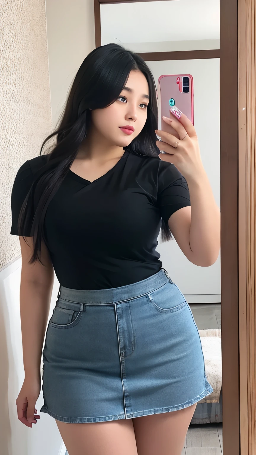A woman in a black shirt stands in the courtyard, Wear tight, simple clothing, Thin waist and thick hips, Paired with a ripped cropped T-shirt, Black Skinny Jeans, Full body of lovely young lady, Wearing a black T-shirt, Wearing tights, Thickness, ( ( ( wear jeans ) ) ), Wear a dark shirt and jeans