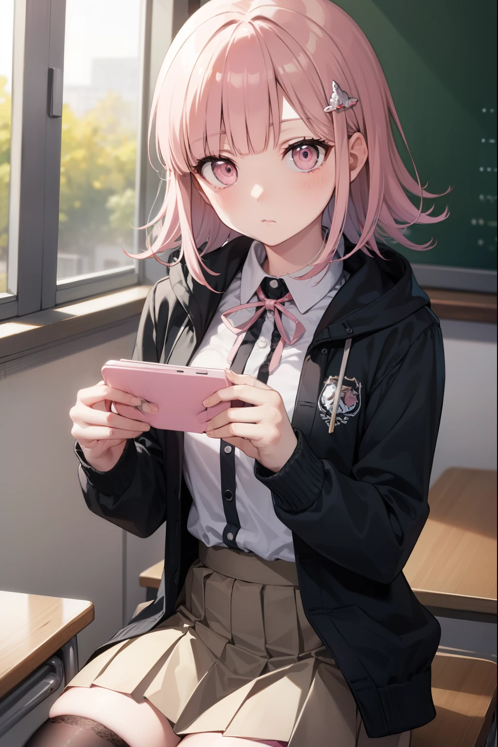 chiakinanami, chiaki nanami, blunt bangs, pink hair, hair ornament, medium hair, (pink eyes:1.5),
BREAK black shirt, black jacket, jacket, long sleeves, neck ribbon, open clothes, open jacket, over-kneehighs, pink ribbon, pleated skirt, ribbon, shirt, skirt, thighhighs, two-tone shirt, white shirt,
BREAK looking at viewer,
BREAK indoors, classroom,
BREAK (masterpiece:1.2), best quality, high resolution, unity 8k wallpaper, (illustration:0.8), (beautiful detailed eyes:1.6), extremely detailed face, perfect lighting, extremely detailed CG, (perfect hands, perfect anatomy),