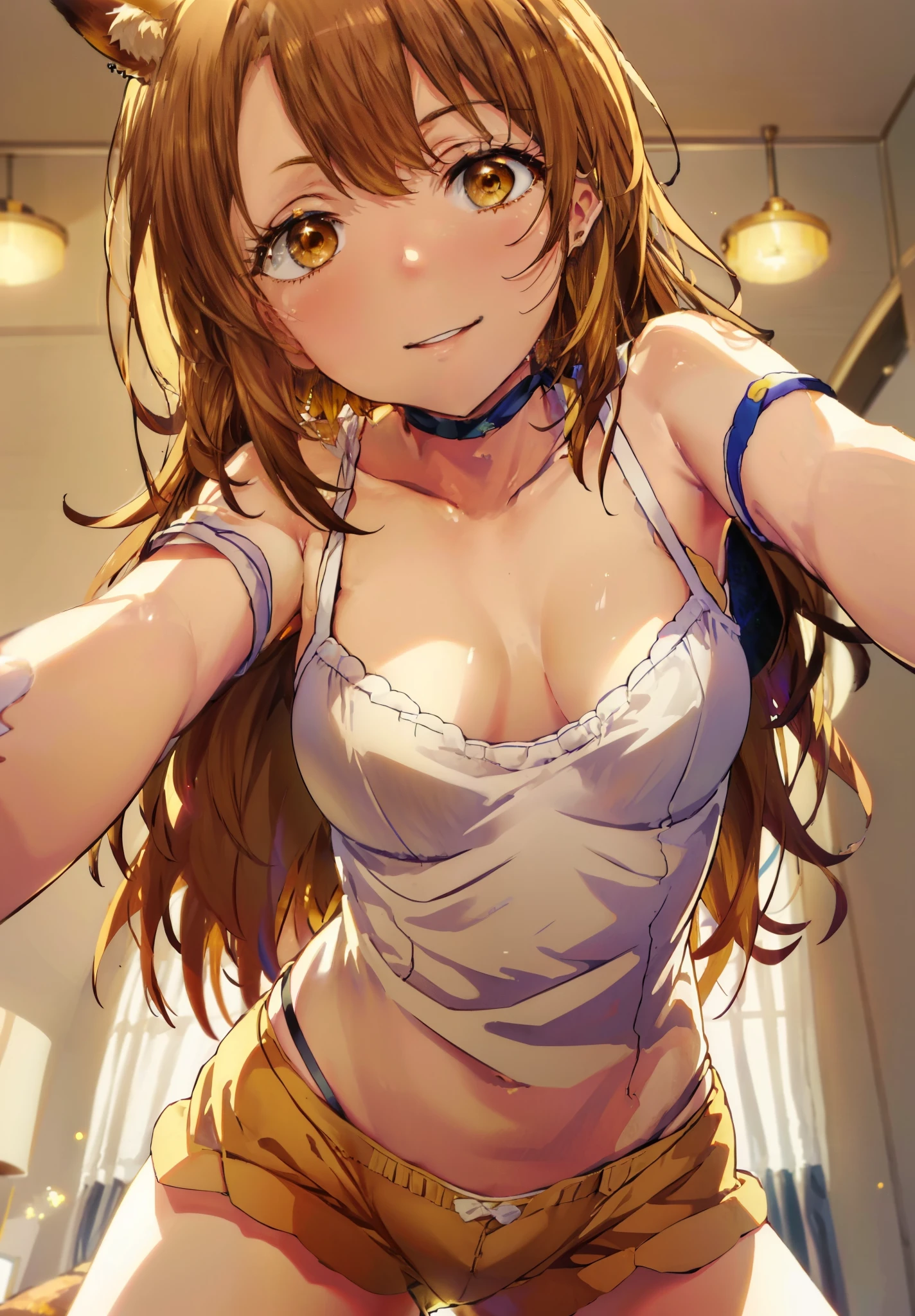 irohaisshiki, Isshiki Iroha, long hair, brown hair, (brown eyes:1.5), smile,looking at the viewer, animal ears　fox ears,Animal tail　fox tail,heart-shaped eyes, blush，smile,show viewer, from below, concentrated, Beyond the particles of light, love hotel bedroom, yellow bra，yellow garter belt，yellow string underwear，Yellow tights，Medium chest，四つん這い
break indoors, indoor,
break looking at viewer,
break (masterpiece:1.2), highest quality, High resolution, unity 8k wallpaper, (figure:0.8), (beautiful and fine eyes:1.6), highly detailed face, perfect lighting, Very detailed CG, (perfect hands, perfect anatomy),