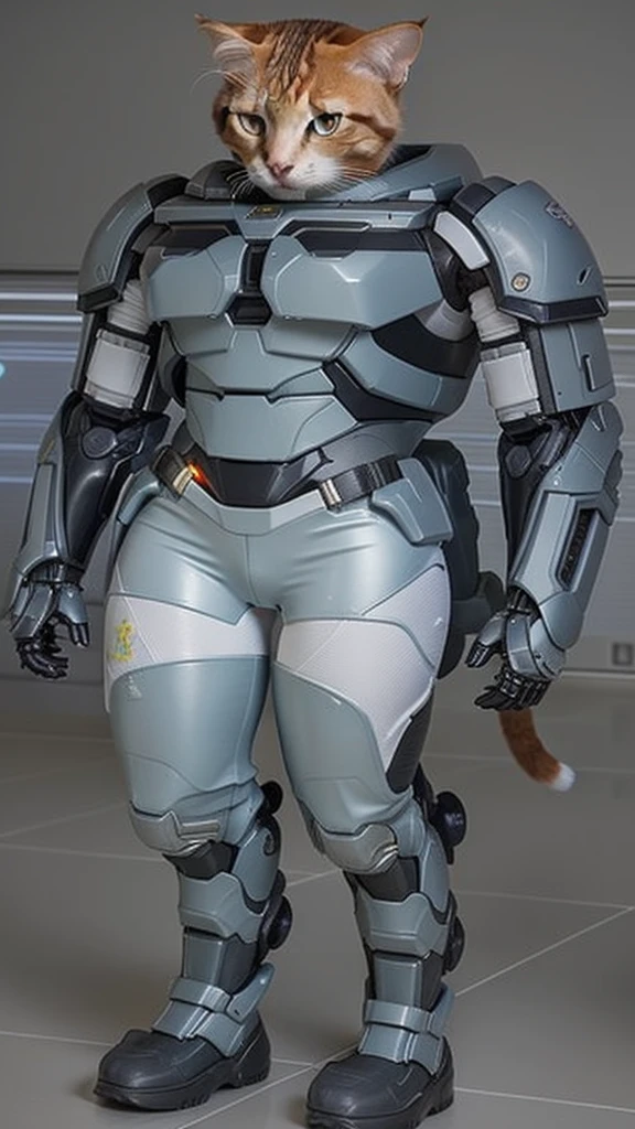 a close up of a calico cat in a suit standing in a corridor, full body shot hyperdetailed, photo realistic, highly detailed body, (anthro cat 1:1), full body details, gynoid cyborg body, extra detailed body, detailed body, complete detailed body, futuristic crew member in a ship, starbase interior, full body x-force outfit, thick smooth warframe thighs, anthro cat