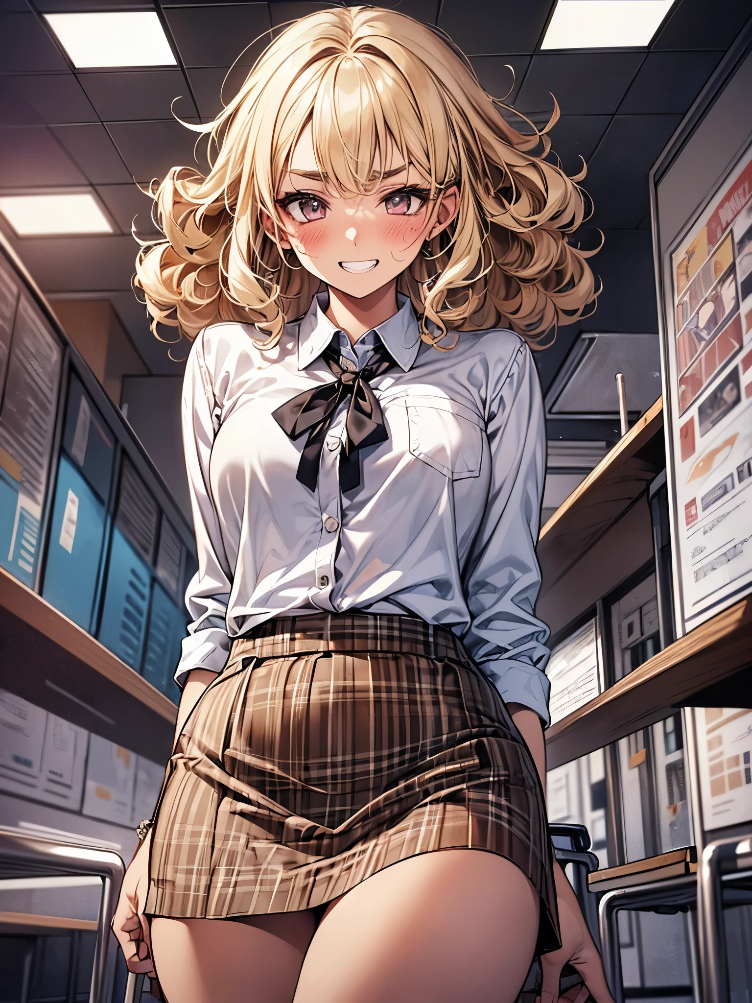cowboy shot、Perspective from a low position、(((brown skin color:1.3))),(((blush:1.3)))、18-year-old、beautiful woman、(((thin eyebrows、wrinkles on the eyebrows、look down))),(((I'm embarrassed:1.3、grinning)))、noon、classroom、ceiling、(((high school :1.3,collared shirt、Tight Skirt)))、cute、(((blonde、curly hair)、Wearing a lot of accessories:1.3))
