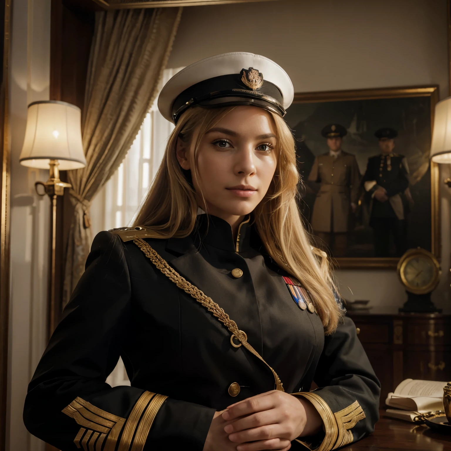 (best quality,4k,8k,highres,masterpiece:1.2),ultra-detailed,(realistic,photorealistic,photo-realistic:1.37),long blonde hair, wearing a warship military uniform, fully kitted, taking a salute, black uniform, military insignias, gold buttons, shining medals, disciplined posture, confident expression, majestic warship in the background, intense sunlight illuminating the scene, sharp shadows enhancing the atmosphere