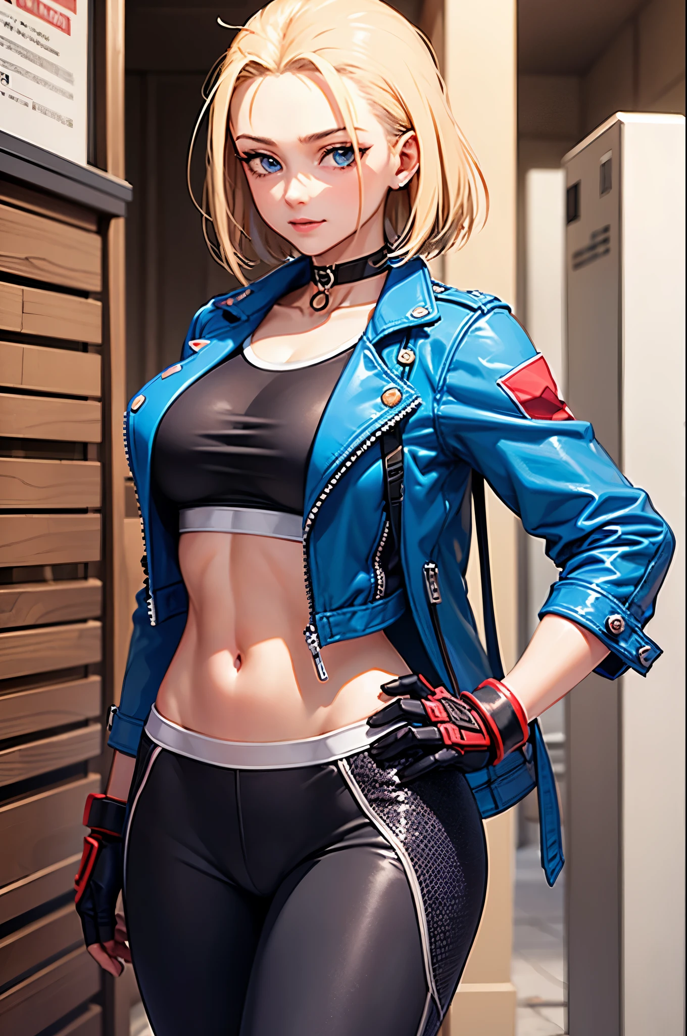 (masterpiece), best quality, expressive eyes, perfect face, highres, 1girl, solo,cammy white, short hair, antenna hair, blue eyes, scar on cheek, large breasts, black choker, collarbone, blue jacket, cropped jacket, open jacket, sports bra, midriff, fingerless gloves, black gloves, black pants, hands to hips, slight smiles, fantastic, magical background, standing, cowboy shot, looking at the viewer,