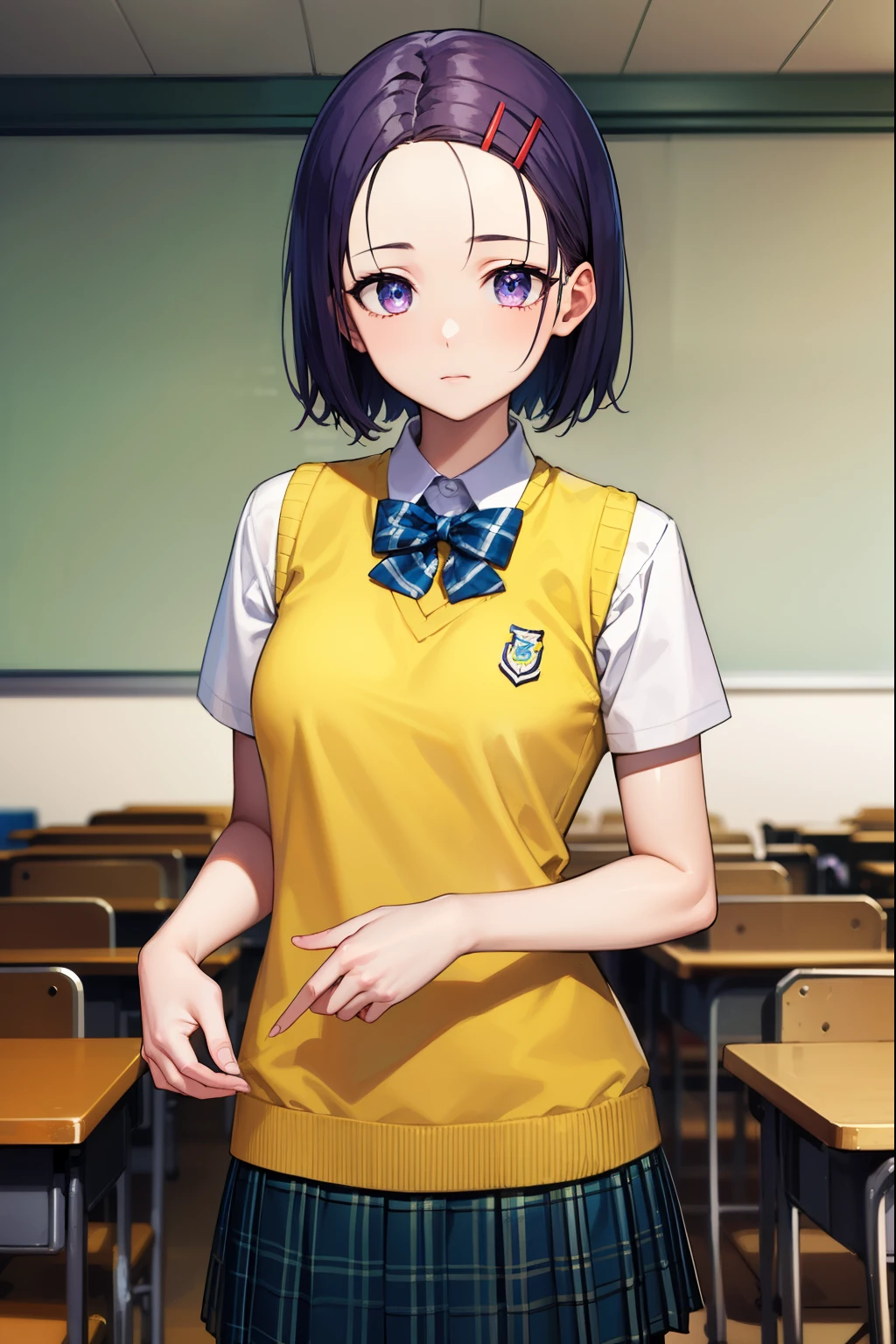 harunasairenji, haruna sairenji, hair ornament, hairclip, (purple eyes:1.1), purple hair, short hair, swept bangs, (forehead:1.3),
BREAK green skirt, plaid, plaid skirt, sainan high school uniform, school uniform, skirt, sweater vest, (yellow sweater:1.3), short sleeves,
BREAK indoors, classroom,
BREAK looking at viewer, (cowboy shot:1.5),
BREAK (masterpiece:1.2), best quality, high resolution, unity 8k wallpaper, (illustration:0.8), (beautiful detailed eyes:1.6), extremely detailed face, perfect lighting, extremely detailed CG, (perfect hands, perfect anatomy),