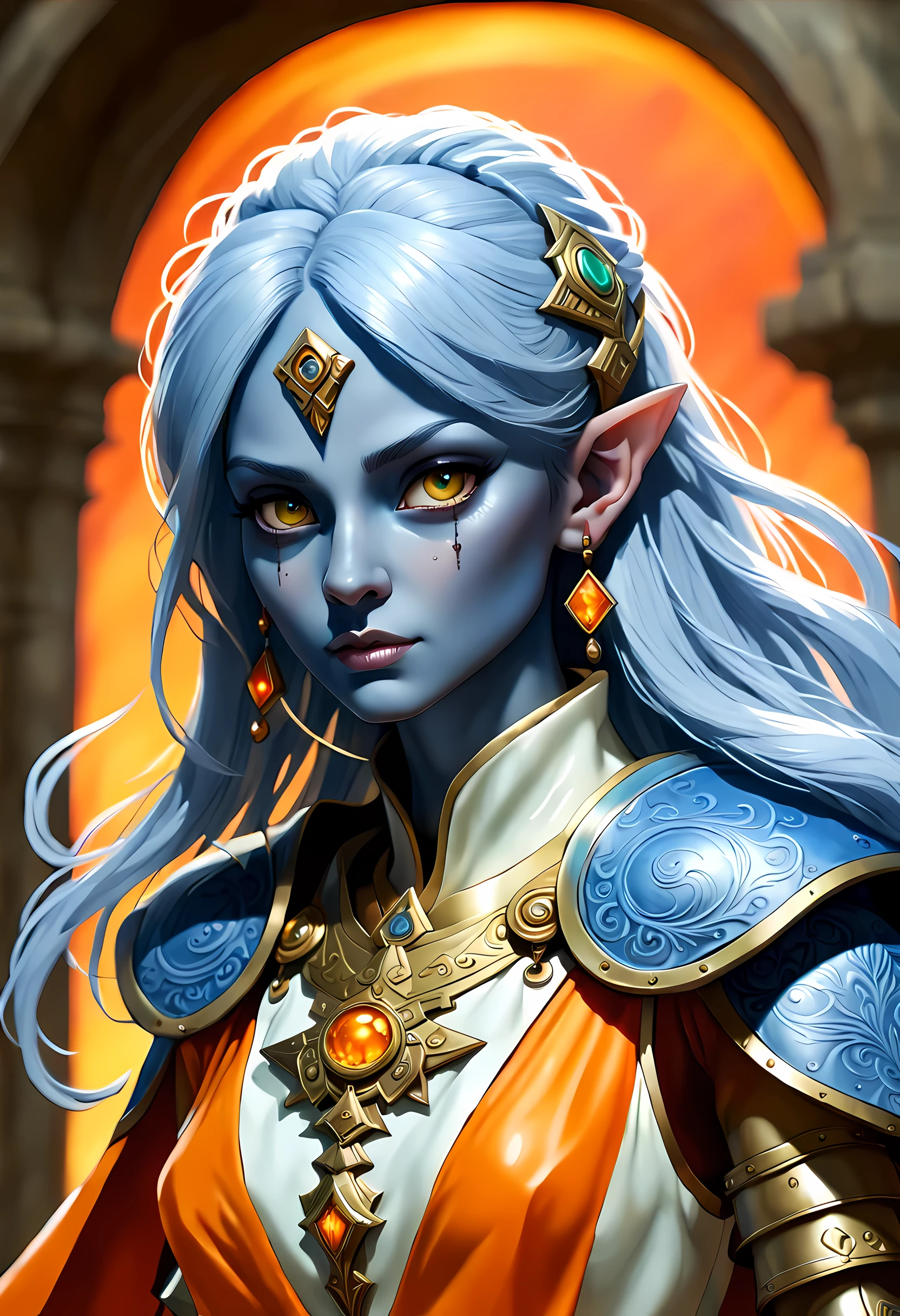 fantasy art, dnd art, RPG art, wide shot, (masterpiece: 1.4) a (portrait: 1.3) intense details, highly detailed, photorealistic, best quality, highres, portrait a female (fantasy art, Masterpiece, best quality: 1.3) ((blue skin: 1.5)), intense details facial details, exquisite beauty, (fantasy art, Masterpiece, best quality) cleric, (blue: 1.3) skinned female, white hair, long hair, ((hair hides ears: 1.5)), (green eyes: 1.3) armed a fiery sword red fire, wearing heavy (white: 1.3) half plate mail armor, wearing high heeled laced boots, wearing an(orange :1.3) cloak, wearing glowing holy symbol GlowingRunes_yellow, within fantasy temple background, reflection light, high details, best quality, 16k, [ultra detailed], masterpiece, best quality, (extremely detailed), close up, ultra wide shot, photorealistic, RAW, fantasy art, dnd art, fantasy art, realistic art,((best quality)), ((masterpiece)), (detailed), perfect face,