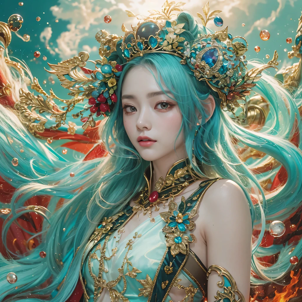 Yellow blue colors,enamel,agate,A flesh-colored world,Blood Blue Maiden 32k(masterpiece,HD,Aoyama Pond,超HD,32k)long flowing bright blue hair,blood pool,Ziddink, a color,grumpy (After greeting), (Linen scarf), fighting stance, looking at the ground, long white hair, Floating bright blue, Fire cloud gold headdress, Chinese long-sleeved gold silk burgundy garment, (Abstract metaverse splash:1.2), White background,Peony flower vitality protector(realistically:1.4),bright purple hair,Smoke on the road,The background is very pure, high resolution, detail, RAW photos, Sharp Re, Nikon D850 film photo by Jefferies Lee 4 Kodak Portra 400 camera F1.6 guns, colorful, Ultra-realistic and vivid textures, dramatic lighting, Unreal Engine Art Station Trend, Sinest 800,一个有着long flowing bright blue hair的女孩,huge colorful bubbles