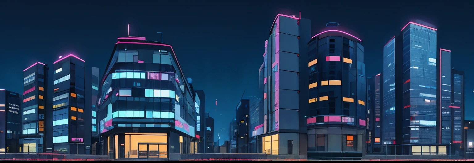 a sequence of buildings, cuberpunk style, no cars, lights, side view, night, long view