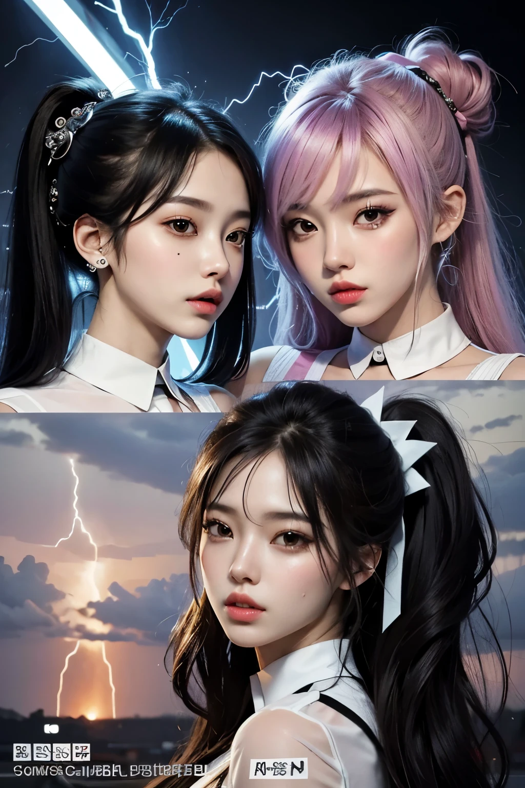 Create a K-POP logo with an elegant, stylized font for the word "K-POP" at the top. Below the word, place a sleek and dynamic lightning bolt emoji. And finally, beneath the lightning bolt, depict two plugs – a male and a female – attempting to connect, with the lightning bolt serving as their meeting point in the middle.
