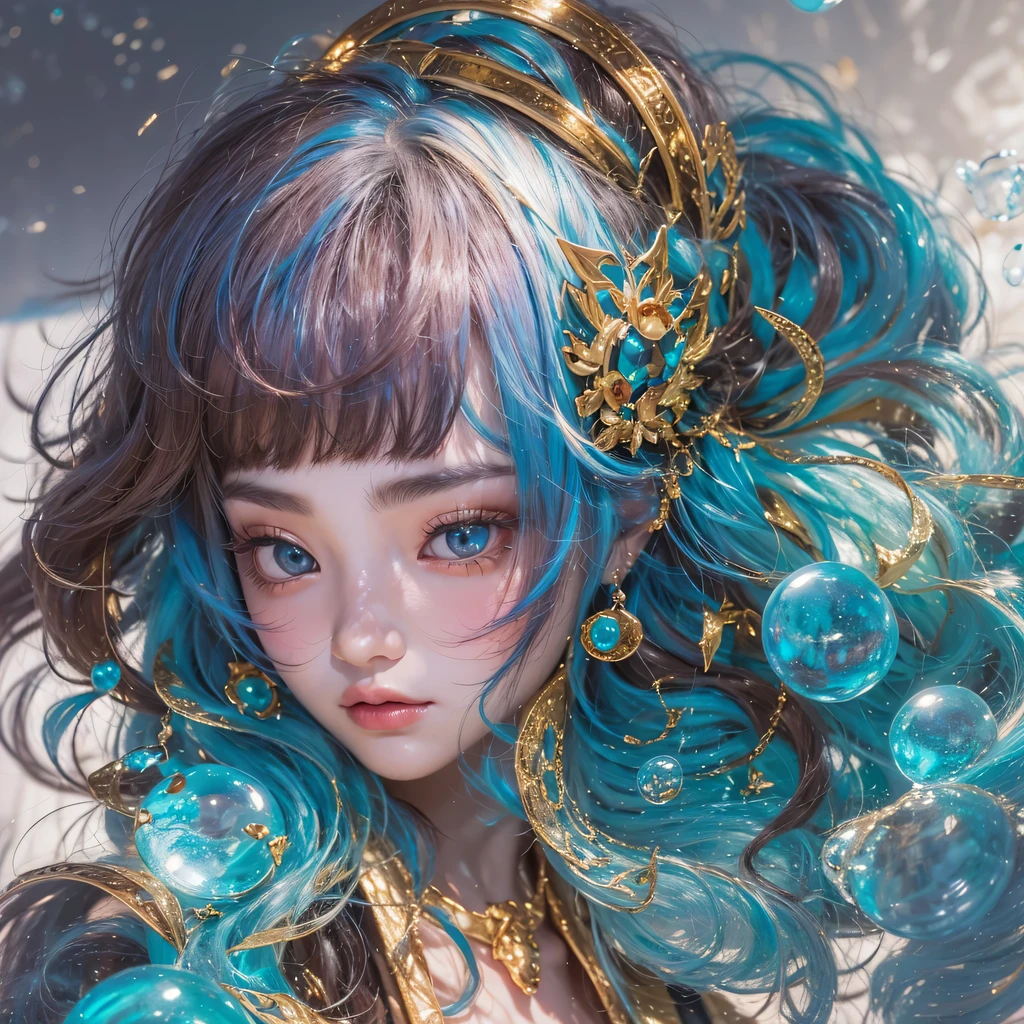 Yellow blue colors,enamel,agate,A flesh-colored world,Blood Blue Maiden 32k(masterpiece,HD,Aoyama Pond,超HD,32k)long flowing bright blue hair,blood pool,Ziddink, a color,grumpy (After greeting), (Linen scarf), fighting stance, looking at the ground, long white hair, Floating bright blue, Fire cloud gold headdress, Chinese long-sleeved gold silk burgundy garment, (Abstract metaverse splash:1.2), White background,Peony flower vitality protector(realistically:1.4),bright purple hair,Smoke on the road,The background is very pure, high resolution, detail, RAW photos, Sharp Re, Nikon D850 film photo by Jefferies Lee 4 Kodak Portra 400 camera F1.6 guns, colorful, Ultra-realistic and vivid textures, dramatic lighting, Unreal Engine Art Station Trend, Sinest 800,一个有着long flowing bright blue hair的女孩,huge colorful bubbles