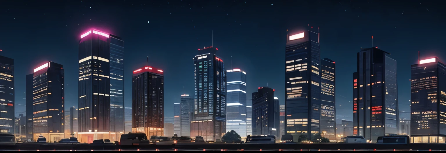 a sequence of buildings, cuberpunk style, no cars, lights, side view, night, long view