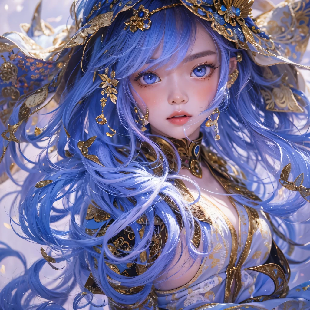 Yellow blue colors,enamel,agate,A flesh-colored world,Blood Blue Maiden 32k(masterpiece,HD,Aoyama Pond,超HD,32k)long flowing bright blue hair,blood pool,Ziddink, a color,grumpy (After greeting), (Linen scarf), fighting stance, looking at the ground, long white hair, Floating bright blue, Fire cloud gold headdress, Chinese long-sleeved gold silk burgundy garment, (Abstract metaverse splash:1.2), White background,Peony flower vitality protector(realistically:1.4),bright purple hair,Smoke on the road,The background is very pure, high resolution, detail, RAW photos, Sharp Re, Nikon D850 film photo by Jefferies Lee 4 Kodak Portra 400 camera F1.6 guns, colorful, Ultra-realistic and vivid textures, dramatic lighting, Unreal Engine Art Station Trend, Sinest 800,一个有着long flowing bright blue hair的女孩,huge colorful bubbles