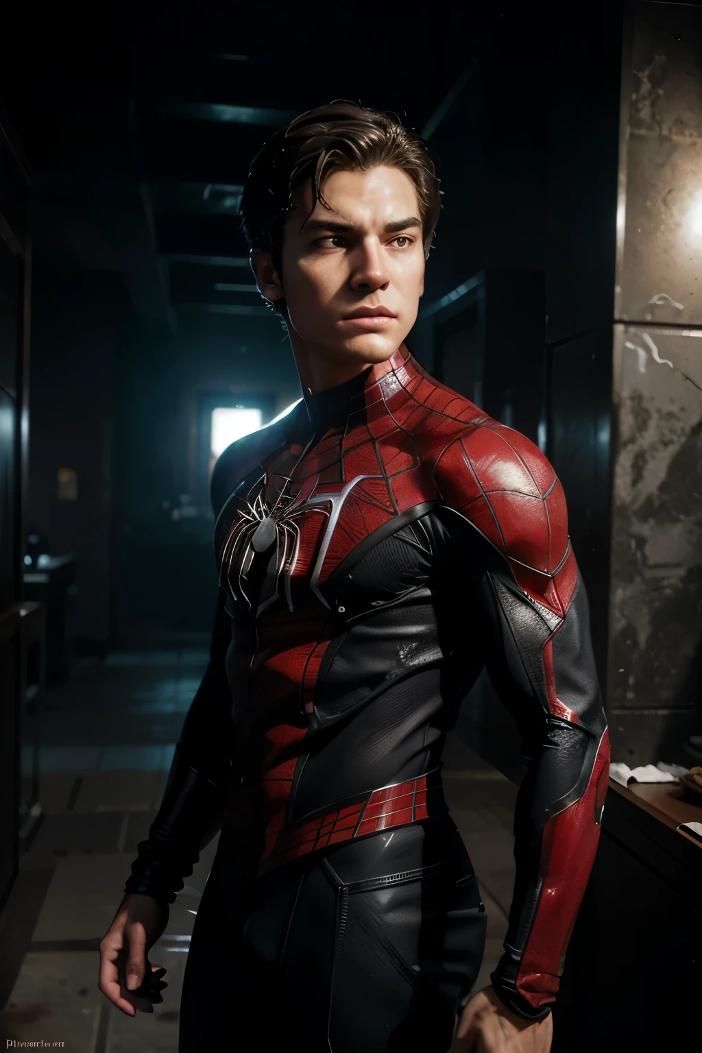 Digital comic book illustration by Clayton Crain, a 23 years old man super hero wielding elemental powers, short black hair, brown eyes, in a SpiderMan's costume that reflects his abilities, standing, strong contrasts, from a front angle, in a dynamic action scene, visually striking, immersive atmosphere, skin pore visible, (Very detailed RAW photo), (Extremely detailed skin, photorealistic, heavy shadow, dramatic and cinematographic lighting, Main light, Fill light), sharp focus, cinematographic, imperfect skin, Tissues, Textures, detailed face, detailed skin, detailed fingers, NaturalHand2-3500, analog film photo Deep photo, depth of field, Ferrania P30 Film, shadow, perfect face and body, low light, flash camera, washed-out film, desaturated, 35mm photo, grainy