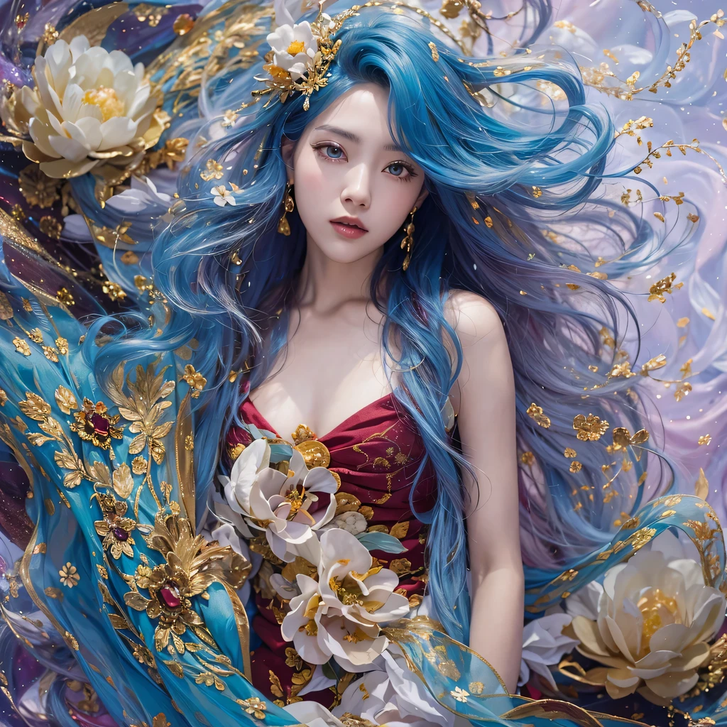 Yellow blue colors,enamel,agate,A flesh-colored world,Blood Blue Maiden 32k(masterpiece,HD,Aoyama Pond,超HD,32k)long flowing bright blue hair,blood pool,Ziddink, a color,grumpy (After greeting), (Linen scarf), fighting stance, looking at the ground, long white hair, Floating bright blue, Fire cloud gold headdress, Chinese long-sleeved gold silk burgundy garment, (Abstract metaverse splash:1.2), White background,Peony flower vitality protector(realistically:1.4),bright purple hair,Smoke on the road,The background is very pure, high resolution, detail, RAW photos, Sharp Re, Nikon D850 film photo by Jefferies Lee 4 Kodak Portra 400 camera F1.6 guns, colorful, Ultra-realistic and vivid textures, dramatic lighting, Unreal Engine Art Station Trend, Sinest 800,一个有着long flowing bright blue hair的女孩,huge colorful bubbles