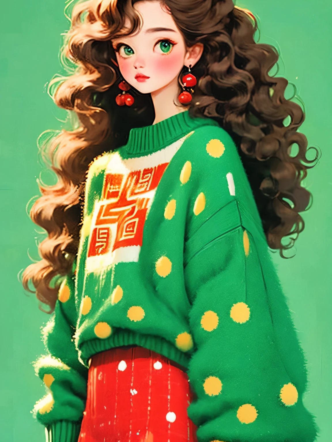 (masterpiece, best quality:1.2),a beautiful girl，Skin detail processing，The eyes are finely described，Delicate hair，wavy hair，Loose and slouchy sweater，Geometric patterns，Sweater details，hairy，Warm，skirt，Retro contrasting colors，clean background，green，blue，red，