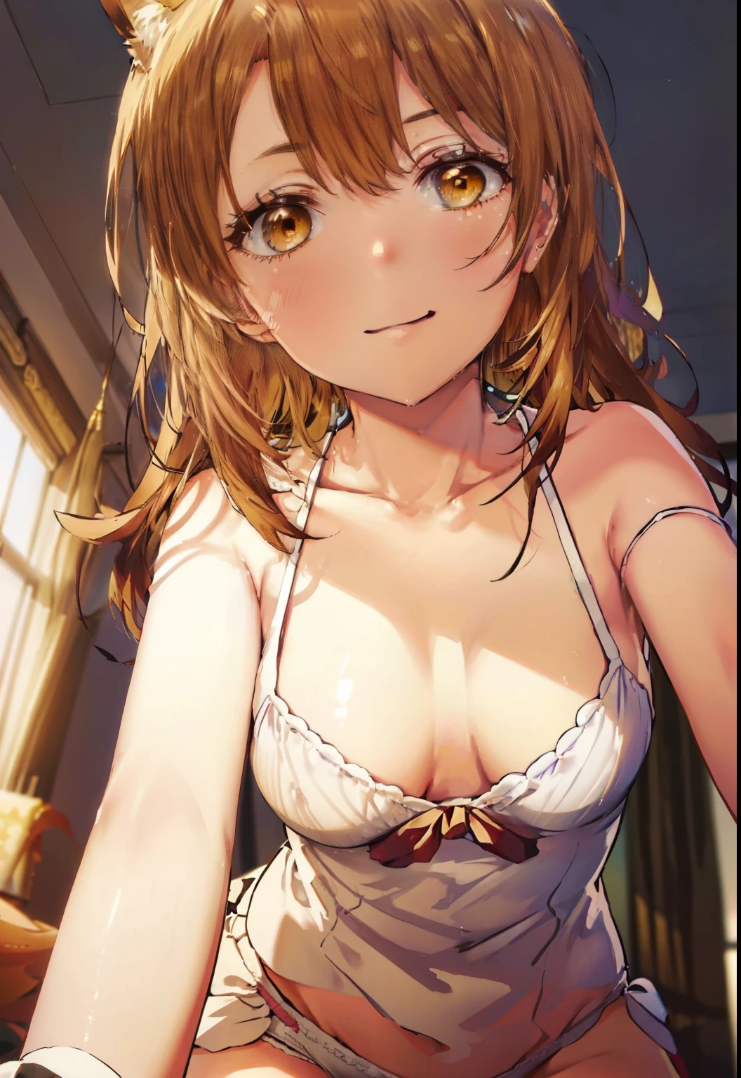 irohaisshiki, Isshiki Iroha, long hair, brown hair, (brown eyes:1.5), smile,looking at the viewer, animal ears　fox ears,Animal tail　fox tail,heart-shaped eyes, blush，smile,show viewer, from below, concentrated, Beyond the particles of light, love hotel bedroom, yellow bra，yellow garter belt，yellow string underwear，Yellow tights，Medium chest，四つん這い
break indoors, indoor,
break looking at viewer,
break (masterpiece:1.2), highest quality, High resolution, unity 8k wallpaper, (figure:0.8), (beautiful and fine eyes:1.6), highly detailed face, perfect lighting, Very detailed CG, (perfect hands, perfect anatomy),