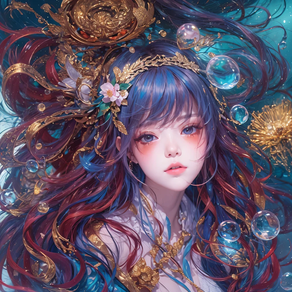 Yellow blue colors,enamel,agate,A flesh-colored world,Blood Blue Maiden 32k(masterpiece,HD,Aoyama Pond,超HD,32k)long flowing bright blue hair,blood pool,Ziddink, a color,grumpy (After greeting), (Linen scarf), fighting stance, looking at the ground, long white hair, Floating bright blue, Fire cloud gold headdress, Chinese long-sleeved gold silk burgundy garment, (Abstract metaverse splash:1.2), White background,Peony flower vitality protector(realistically:1.4),bright purple hair,Smoke on the road,The background is very pure, high resolution, detail, RAW photos, Sharp Re, Nikon D850 film photo by Jefferies Lee 4 Kodak Portra 400 camera F1.6 guns, colorful, Ultra-realistic and vivid textures, dramatic lighting, Unreal Engine Art Station Trend, Sinest 800,一个有着long flowing bright blue hair的女孩,huge colorful bubbles