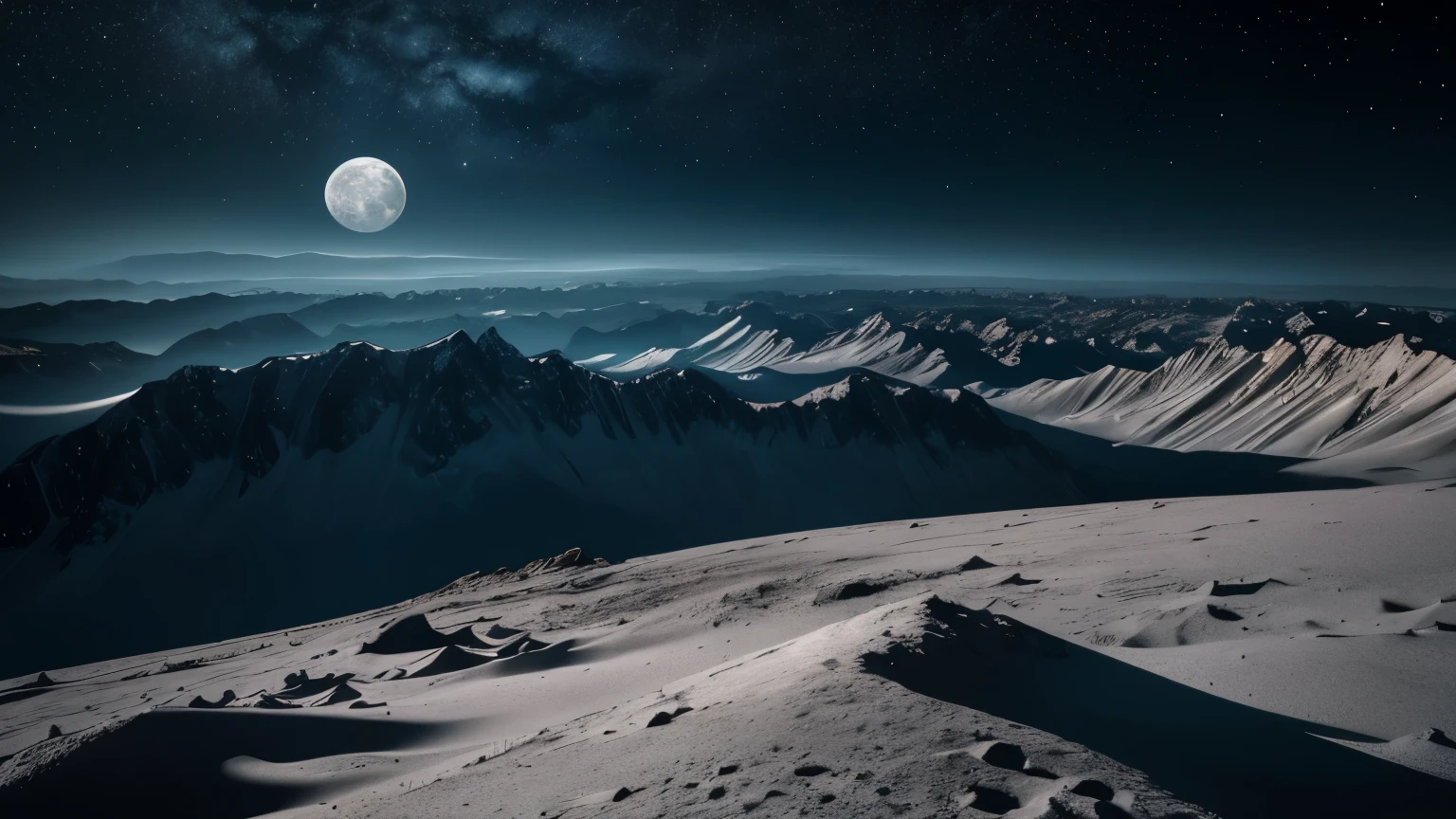 Generate a high-resolution photo of a fascinating moonscape, full of craters and towering mountains, with a smooth surface featuring a mix of dark and light shades of gray. Make sure that the sunlight is framed in a way that creates interesting shadow play on the terrain and that the stars are visible on the night sky. Make the image as realistic as possible, with sharp details and a depth that captures the moon's distinctive atmosphere. Be inspired by the wonder and mystery of our natural satellite.