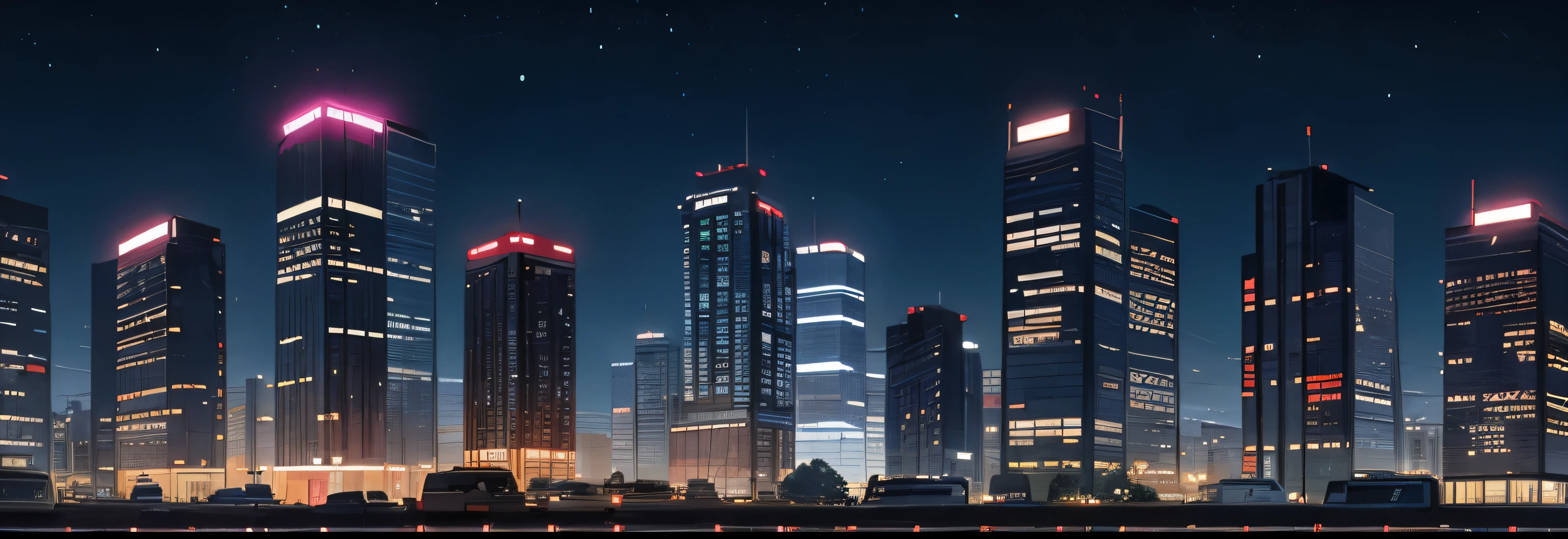 a sequence of buildings, estilo cuberpunk, sem carros, luzes, vista lateral, noite, long term vision