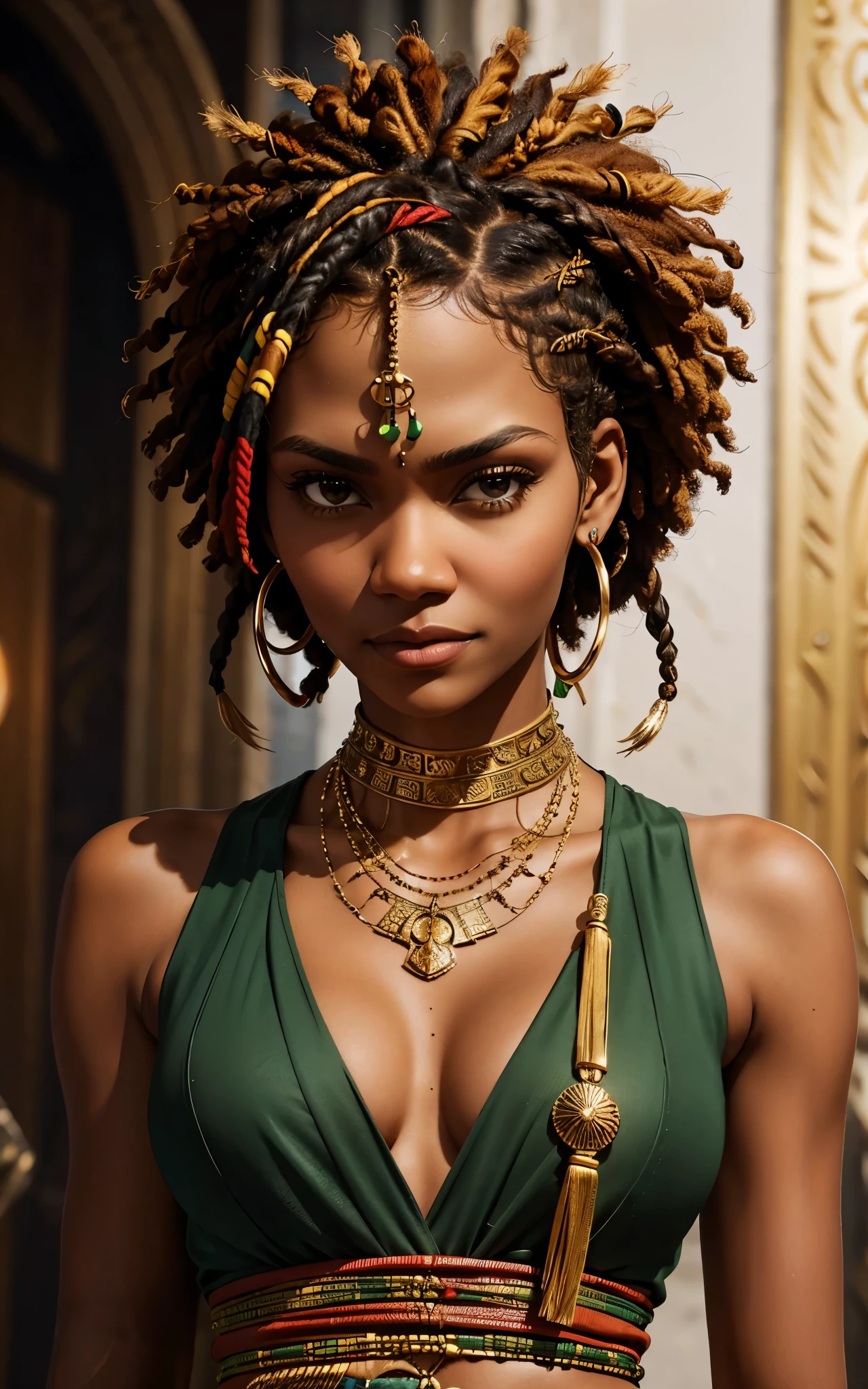 (Zendaya:Halle Berry) dressed like a nigerian chaman, red green and yellow sleeveless tunic, (high top fade haircut and dreads) tribal tattoo in the face, (golden rings necklace), Lovecraft atmosphere, masterpiece, hyperdetailed