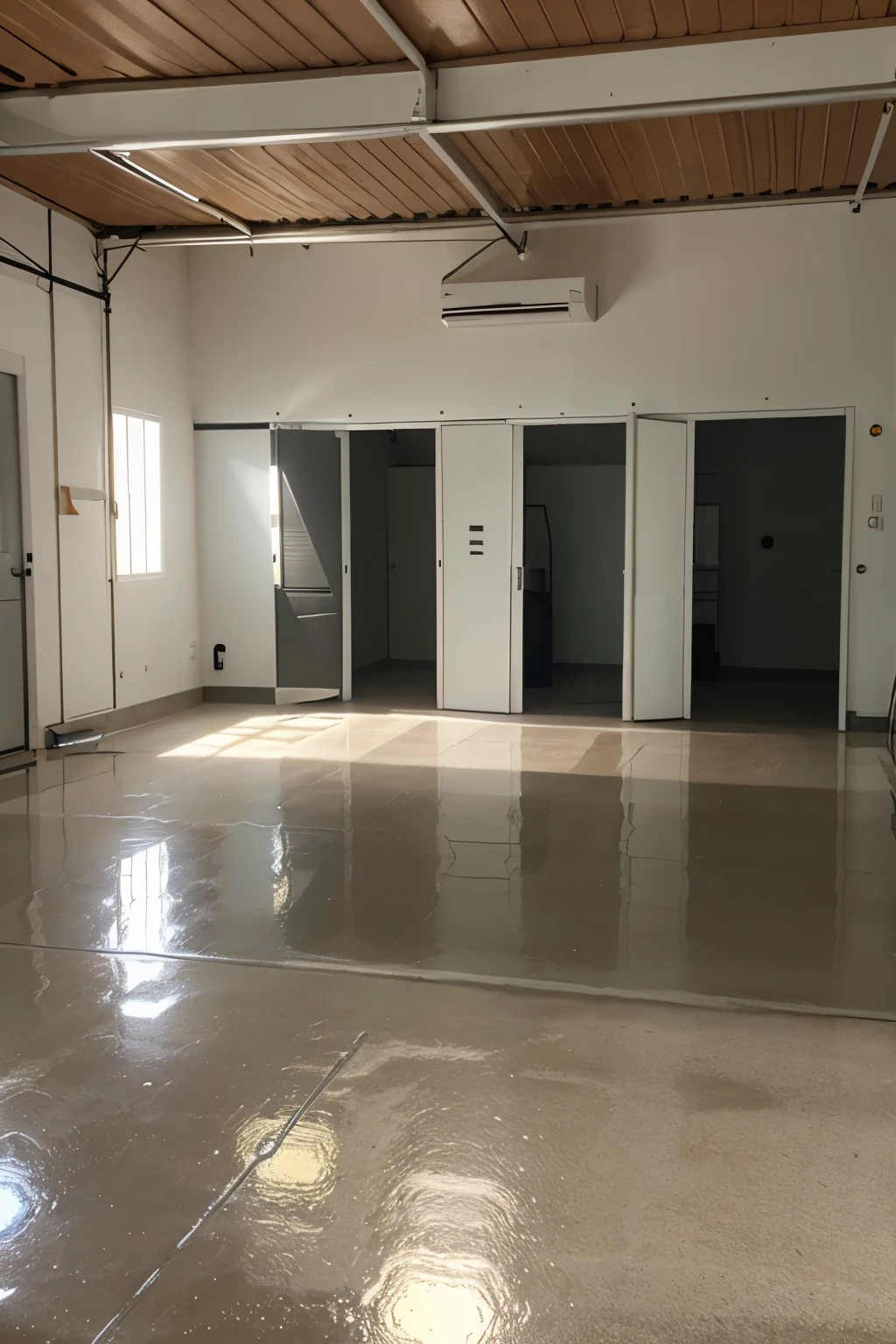 make a garage with the door open, relusindo o sol dentro dela, the floor made of epoxy, brilhante, the floor should be the central point of the image, moderna