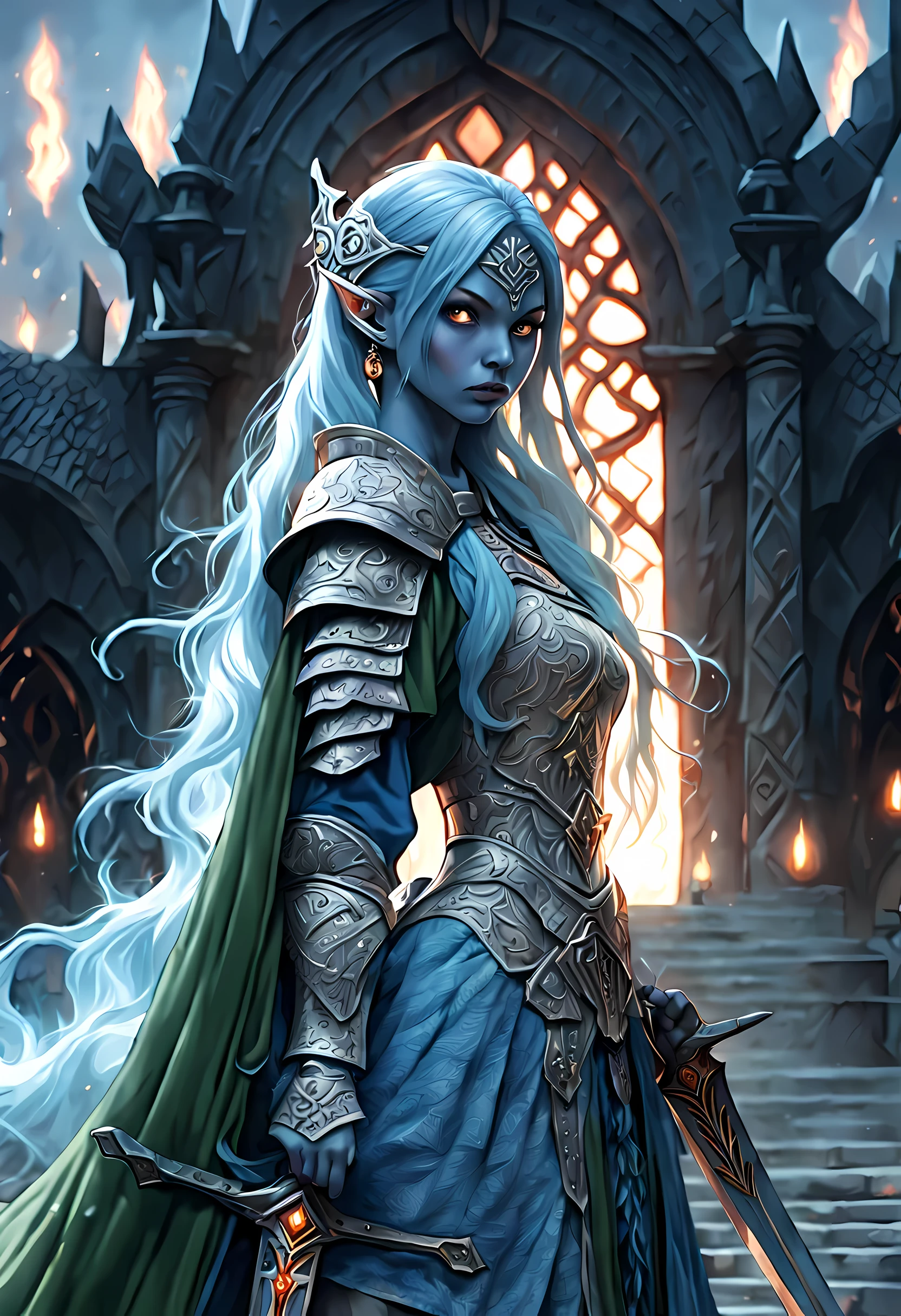 fantasy art, dnd art, RPG art, wide shot, (masterpiece: 1.4) a (portrait: 1.3) intense details, highly detailed, photorealistic, best quality, highres, portrait a female (fantasy art, Masterpiece, best quality: 1.3) ((blue skin: 1.5)), intense details facial details, exquisite beauty, (fantasy art, Masterpiece, best quality) cleric, (blue: 1.3) skinned female, white hair, long hair, (hair hides ears: 1.5), (green: 1.3) eye, fantasy art, Masterpiece, best quality) armed a fiery sword red fire, wearing heavy (white: 1.3) half plate mail armor, wearing high heeled laced boots, wearing an(orange :1.3) cloak, wearing glowing holy symbol GlowingRunes_yellow, within fantasy temple background, reflection light, high details, best quality, 16k, [ultra detailed], masterpiece, best quality, (extremely detailed), close up, ultra wide shot, photorealistic, RAW, fantasy art, dnd art, fantasy art, realistic art,((best quality)), ((masterpiece)), (detailed), perfect face,