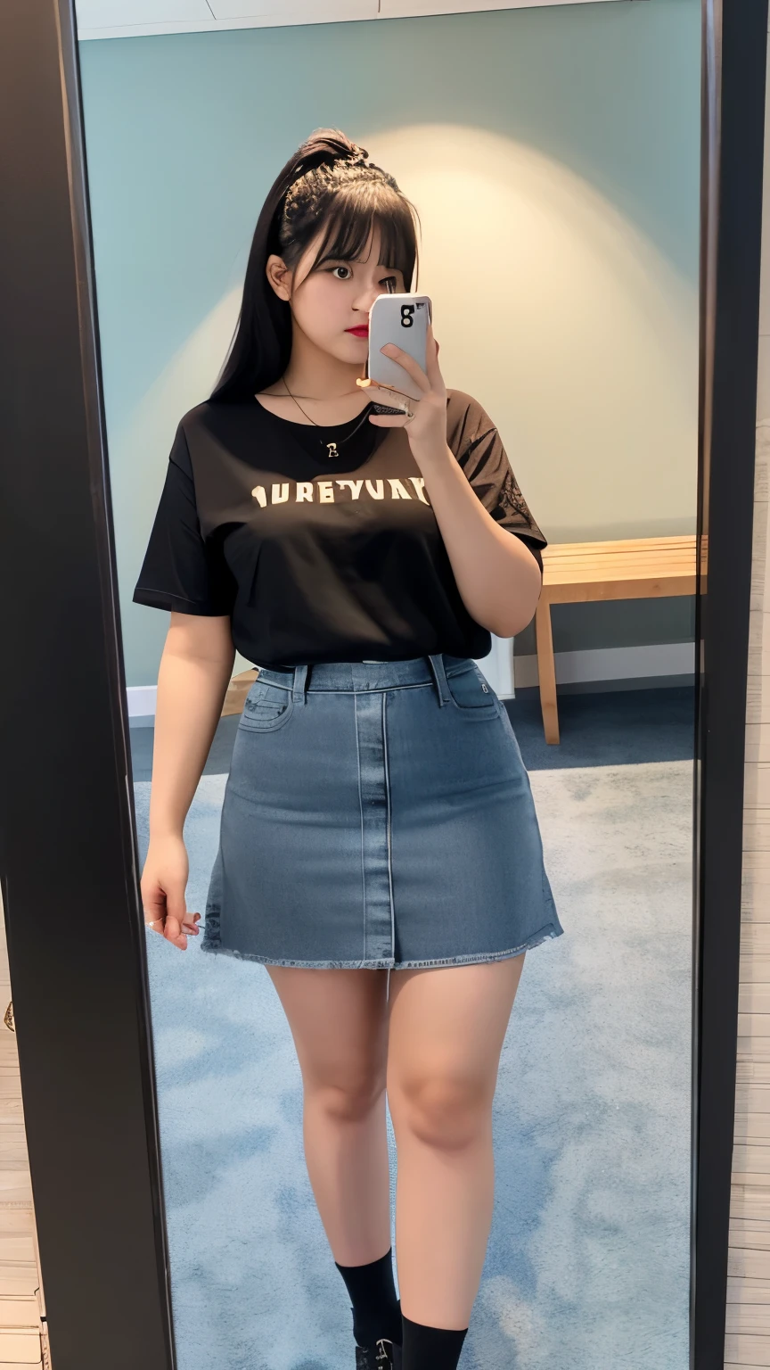a girl who has slightly chubby body size is wearing long black shirt and Jeans skirt. She is standing and taking mirror selfie.