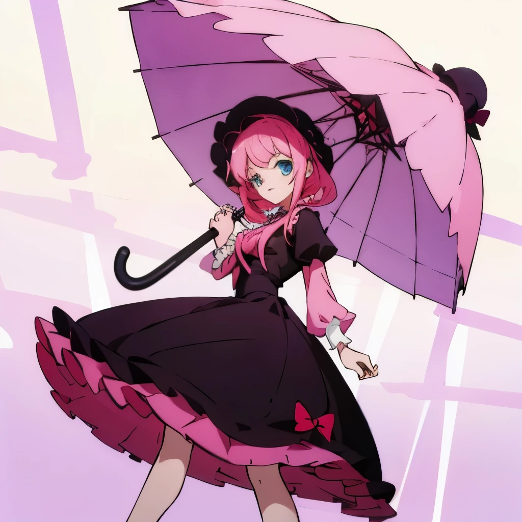 a woman of medium height with light pink hair and large, round blue eyes. She is often seen wearing a black dress with a frilly skirt and puffed sleeves. Her unique style includes a hat with a pink ribbon and a pair of long socks. In addition, she carries a pink umbrella and a strawberry-shaped pendant. Her overall look is characterized by a mix of gothic and cute elements.