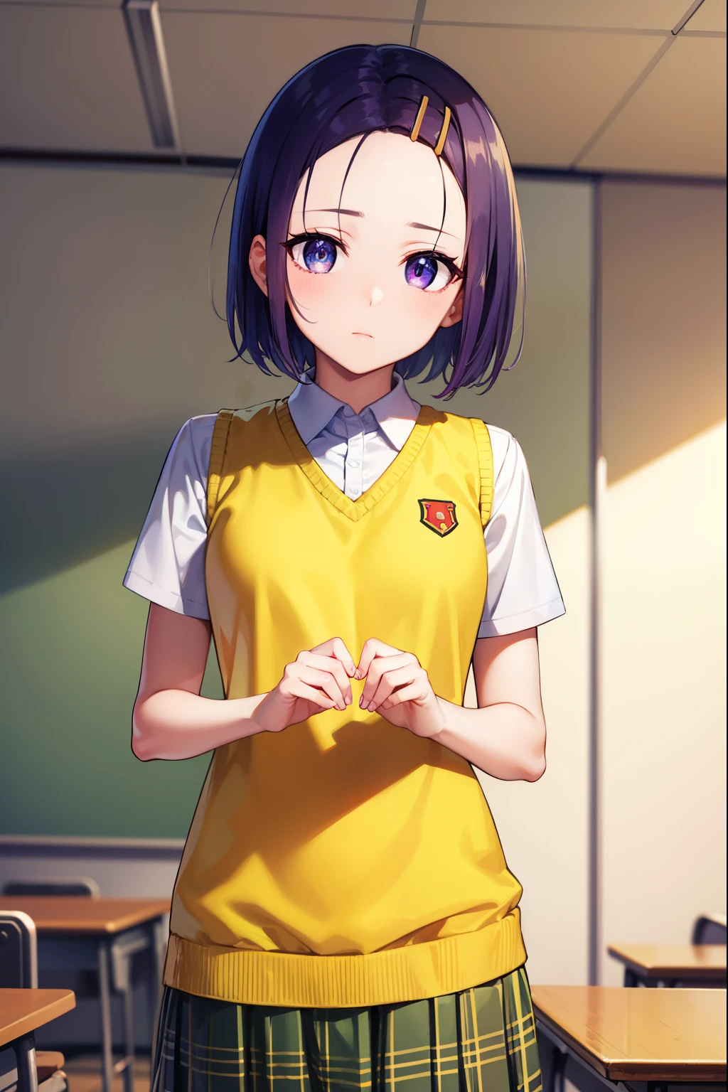 harunasairenji, haruna sairenji, hair ornament, hairclip, (purple eyes:1.1), purple hair, short hair, swept bangs, (forehead:1.3),
BREAK green skirt, plaid, plaid skirt, sainan high school uniform, school uniform, skirt, sweater vest, (yellow sweater:1.3), short sleeves,
BREAK indoors, classroom,
BREAK looking at viewer, (cowboy shot:1.5),
BREAK (masterpiece:1.2), best quality, high resolution, unity 8k wallpaper, (illustration:0.8), (beautiful detailed eyes:1.6), extremely detailed face, perfect lighting, extremely detailed CG, (perfect hands, perfect anatomy),
