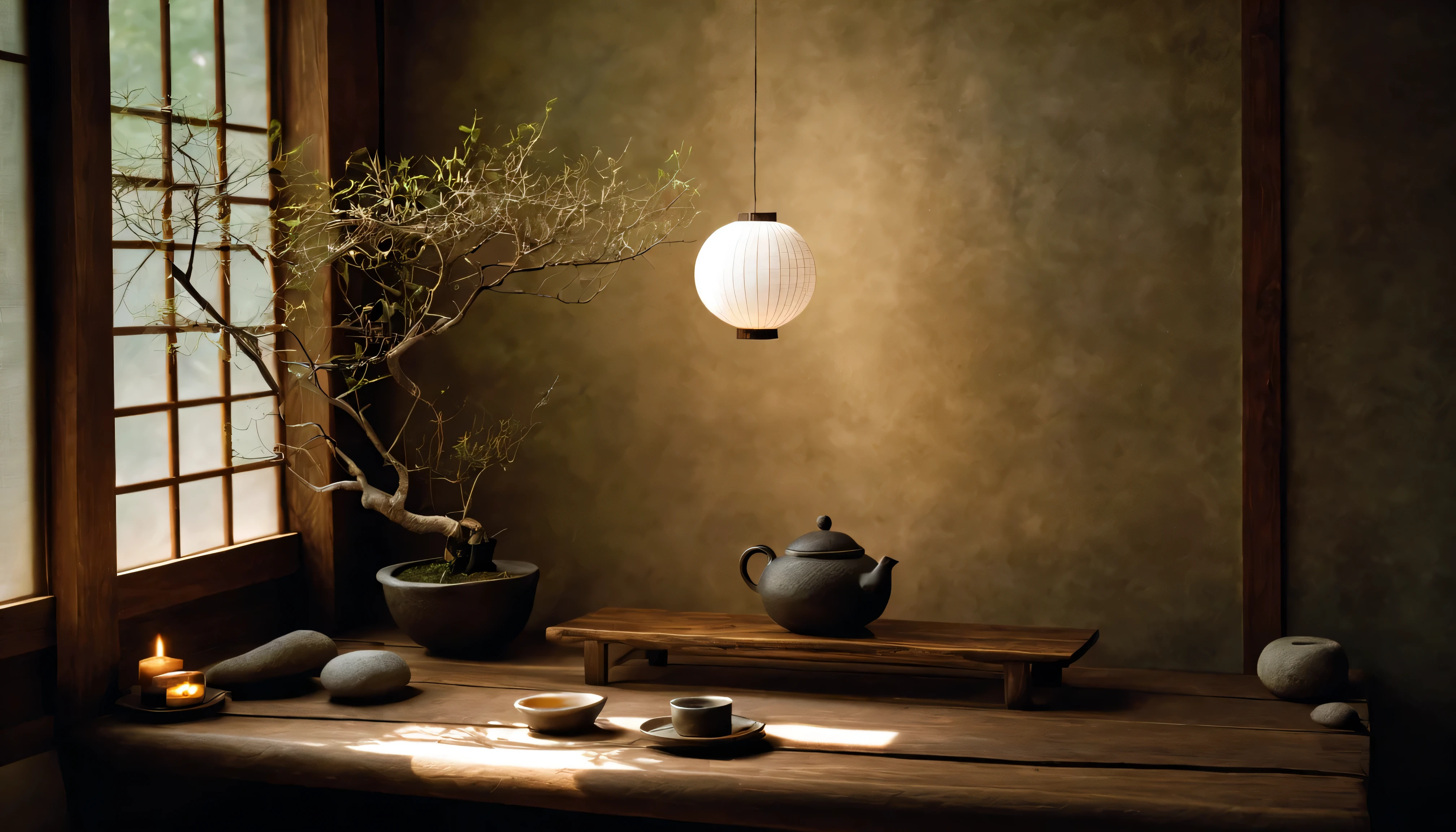现代优雅的Wabi-sabi格.Impressive art collection,Perfect integration。 brightly lit indoors、calm,The single sofa in the corner is relaxing,Not too much detail or color… a personalized presentation of modern Japanese Zen style.Shabby display window seen from the outside. White textured paper lantern..Zen-like dead branches in the corner...There are dead branches on the long wooden bench.tea set.Tea.日式优雅简约小小的白陶瓷tea set.Zen elements.Elegant and high-end effect,Make it look textured.simple design.ultra high definition, super detailed.Japanese Zen style(super quality,super detailed,super complex,extremely complex)Soft and natural light and shadow.burn incense.no humans.super wide angle, (Detailed texture),Background covered with film grain, natural soft light,(night view.cold light)Wabi-sabi.small factory designed
