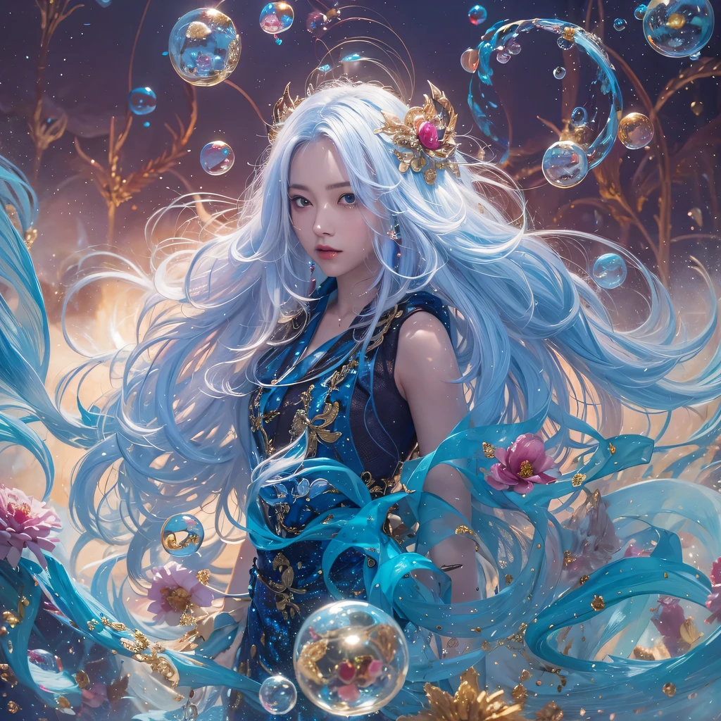 Yellow blue colors，enamel，agate，A flesh-colored world，Blood Blue Maiden 32k（masterpiece，HD，Aoyama Pond，超HD，32k）long flowing bright blue hair，blood pool，Ziddink， a color，grumpy （After greeting）， （Linen scarf）， fighting stance， looking at the ground， long white hair， Floating bright blue， Fire cloud gold headdress， Chinese long-sleeved gold silk burgundy garment， （Abstract metaverse splash：1.2）， White background，Peony flower vitality protector（realistically：1.4），bright purple hair，Smoke on the road，The background is very pure， high resolution， detail， RAW photos， Sharp Re， Nikon D850 film photo by Jefferies Lee 4 Kodak Portra 400 camera F1.6 guns, colorful, Ultra-realistic and vivid textures, dramatic lighting, Unreal Engine Art Station Trend, Sinest 800，一个有着long flowing bright blue hair的女孩，huge colorful bubbles