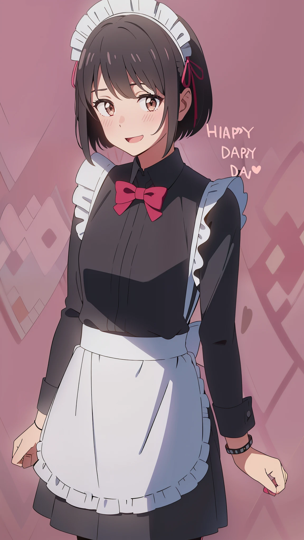 shinkai makoto, kimi no na wa., 1girl, 1boy, bangs, black hair, blush, brown eyes, (boy wear Suspender Clothes), ((girl wear maid dress, maid, apron, maid headdress, short dress, Off-the-shoulders)), bow, ribbon, short hair, smile, open mouth, looking at the viewer, cute, love, heart, couple, adorable, dating, bracelet, valentine background, Valentine's Day