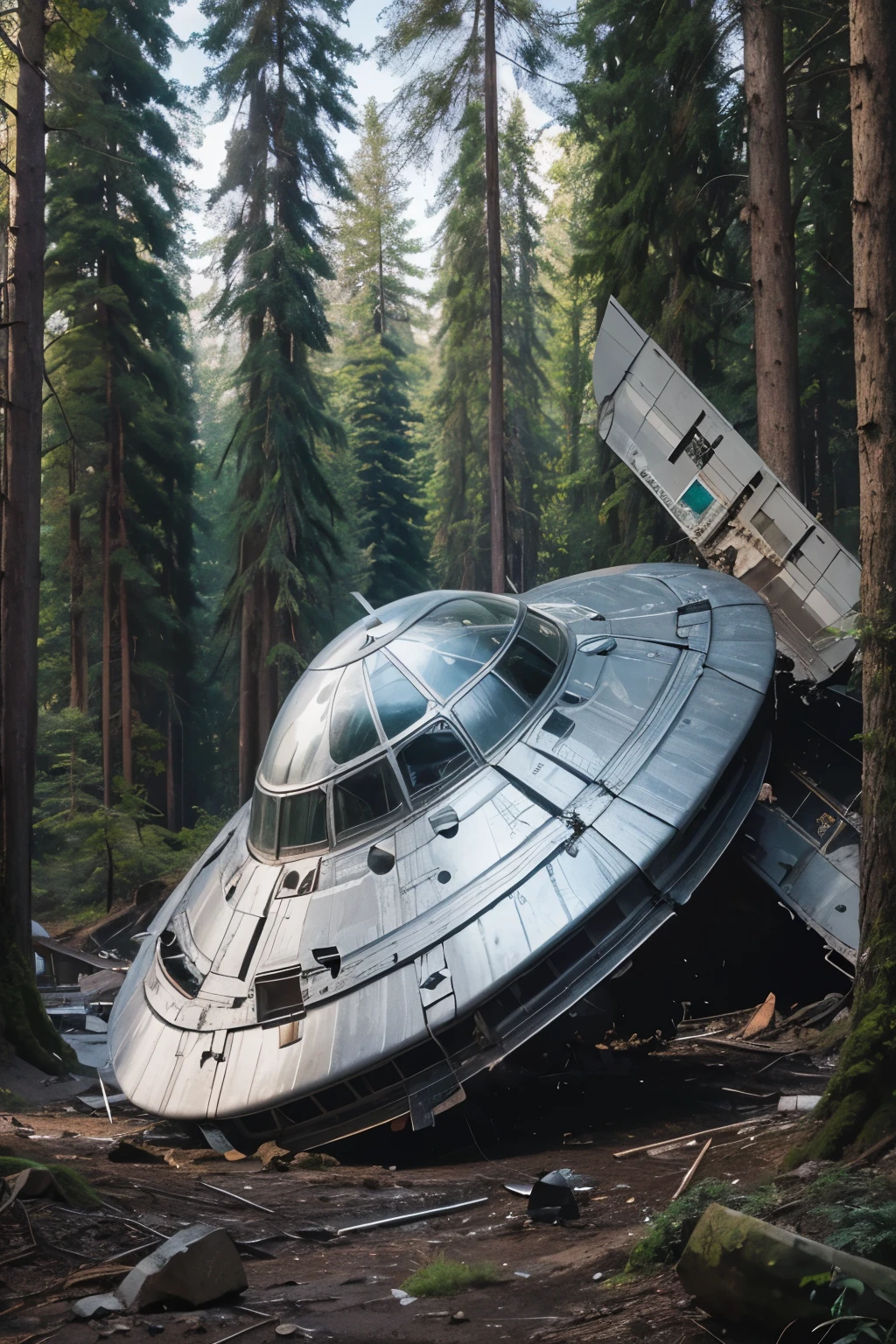 A UFO crashing from the ground。The UFO is half buried in the ground on one side.。The fuselage is silver and there are no window-like structures.。The location is rich in the Jurassic forest.