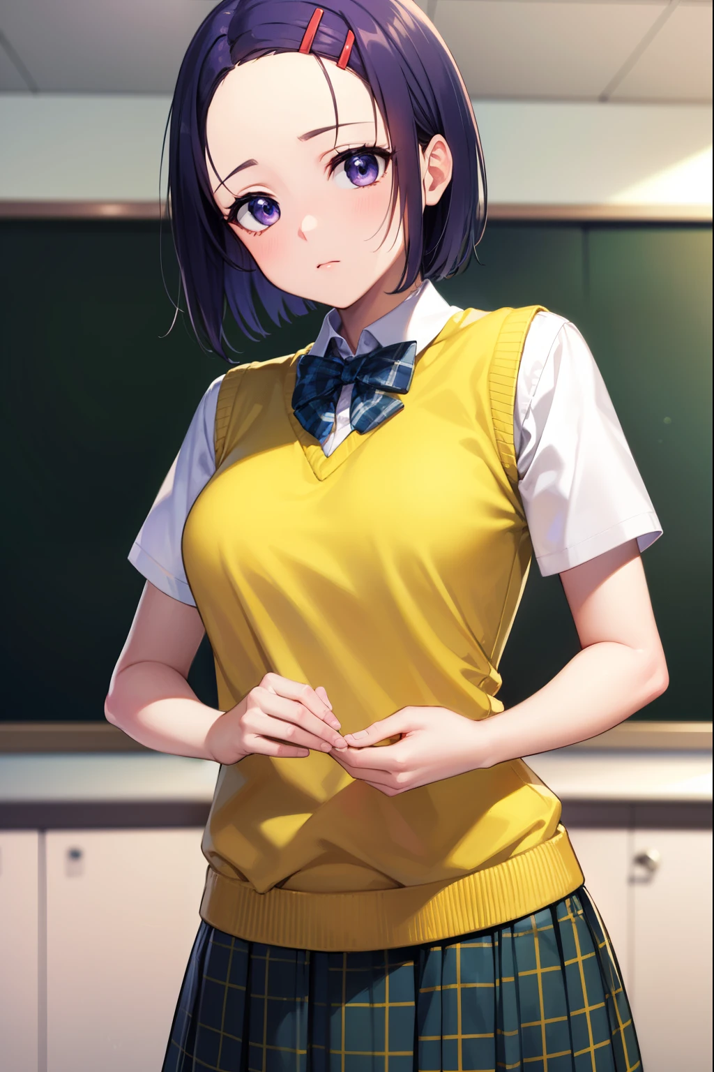 harunasairenji, haruna sairenji, hair ornament, hairclip, (purple eyes:1.1), purple hair, short hair, swept bangs, (forehead:1.3),
BREAK green skirt, plaid, plaid skirt, sainan high school uniform, school uniform, skirt, sweater vest, (yellow sweater:1.3), short sleeves,
BREAK indoors, classroom,
BREAK looking at viewer, (cowboy shot:1.5),
BREAK (masterpiece:1.2), best quality, high resolution, unity 8k wallpaper, (illustration:0.8), (beautiful detailed eyes:1.6), extremely detailed face, perfect lighting, extremely detailed CG, (perfect hands, perfect anatomy),