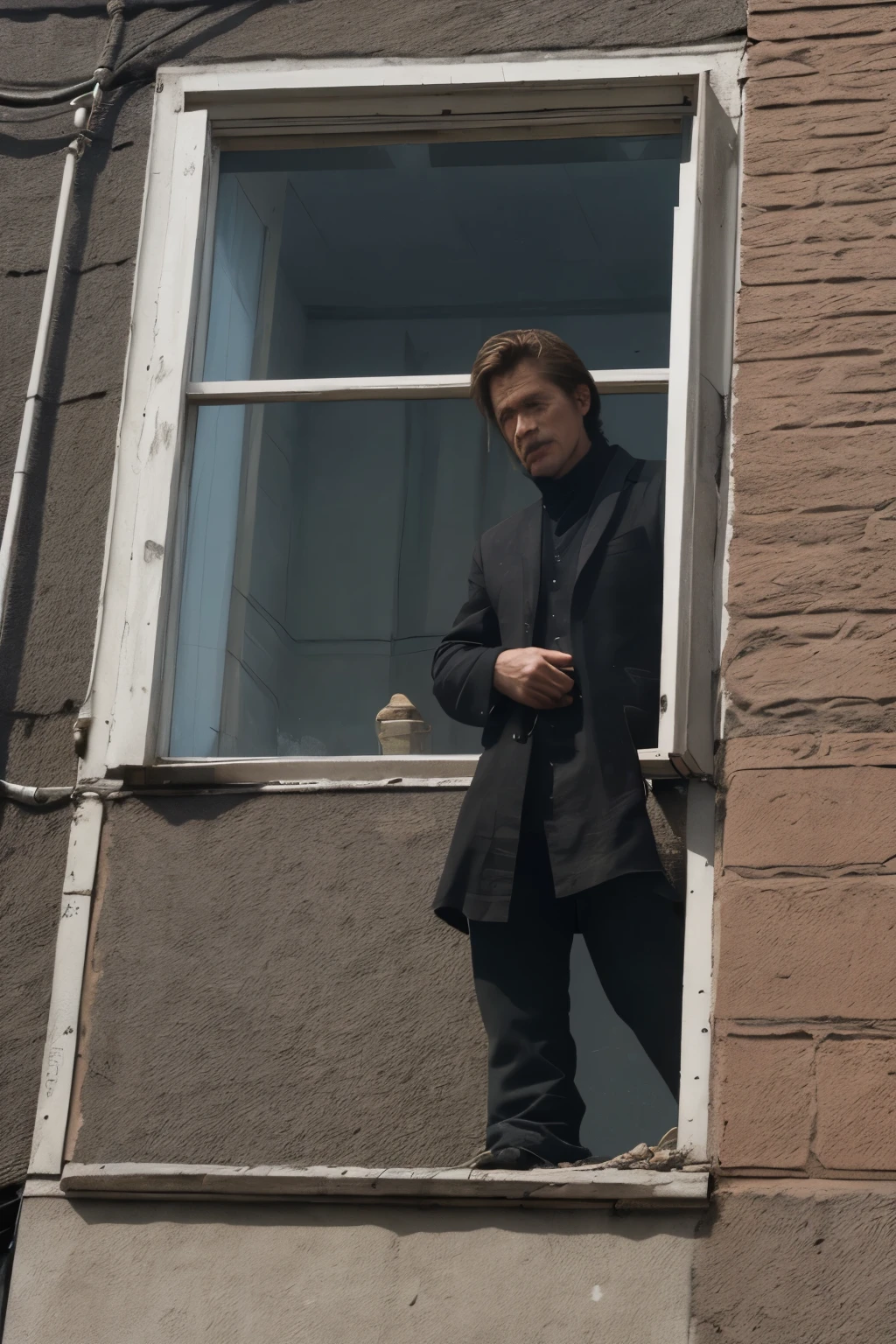 cinematic scene camera zoom in of a professional assassin,Willem Dafoe,on the roof of a building, ready to kill John Wick, Orsis T-5000 rifle, through John Wick's vision,camera zoom out from the window of the building opposite him Realism,high resolution,4k,Weapon, Orsis T-5000, face, hand, body, window in the building, Willem Dafoe, John Wick, lighting, background, eyes, gunshot, dark atmosphere, clothes, first camera angle, second camera angle.