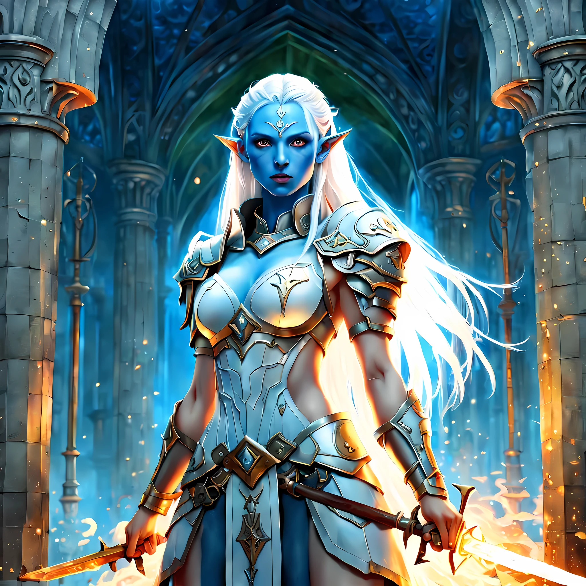 fantasy art, dnd art, RPG art, wide shot, (masterpiece: 1.4) a (portrait: 1.3) intense details, highly detailed, photorealistic, best quality, highres, portrait a female (fantasy art, Masterpiece, best quality: 1.3) ((blue skin: 1.5)), intense details facial details, exquisite beauty, (fantasy art, Masterpiece, best quality) cleric, (blue: 1.3) skinned female, white hair, long hair, (hair hides ears: 1.5), (green: 1.3) eye, fantasy art, Masterpiece, best quality) armed a fiery sword red fire, wearing heavy (white: 1.3) half plate mail armor, wearing high heeled laced boots, wearing an(orange :1.3) cloak, wearing glowing holy symbol GlowingRunes_yellow, within fantasy temple background, reflection light, high details, best quality, 16k, [ultra detailed], masterpiece, best quality, (extremely detailed), close up, ultra wide shot, photorealistic, RAW, fantasy art, dnd art, fantasy art, realistic art,((best quality)), ((masterpiece)), (detailed), perfect face,
