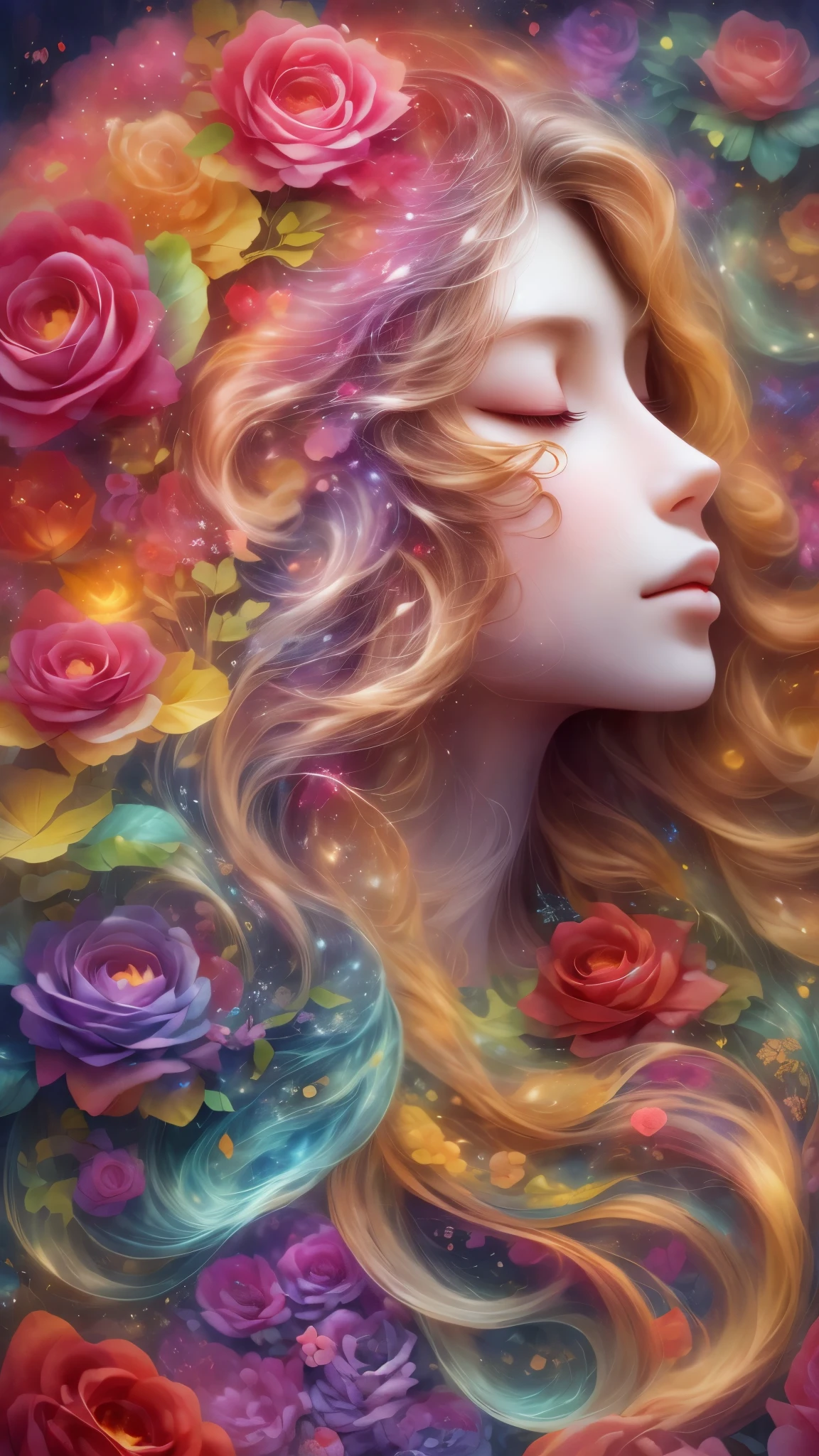 (Side face beauty,long colored hair,close eyes,masterpiece roses),Rainbow color background, (illustration:1.2,paper art:1.2, Zentangle:1.2, 3d rendering),(best quality, detailed details, masterpiece, official art, Lighting effects, 4K, chiaroscuro)