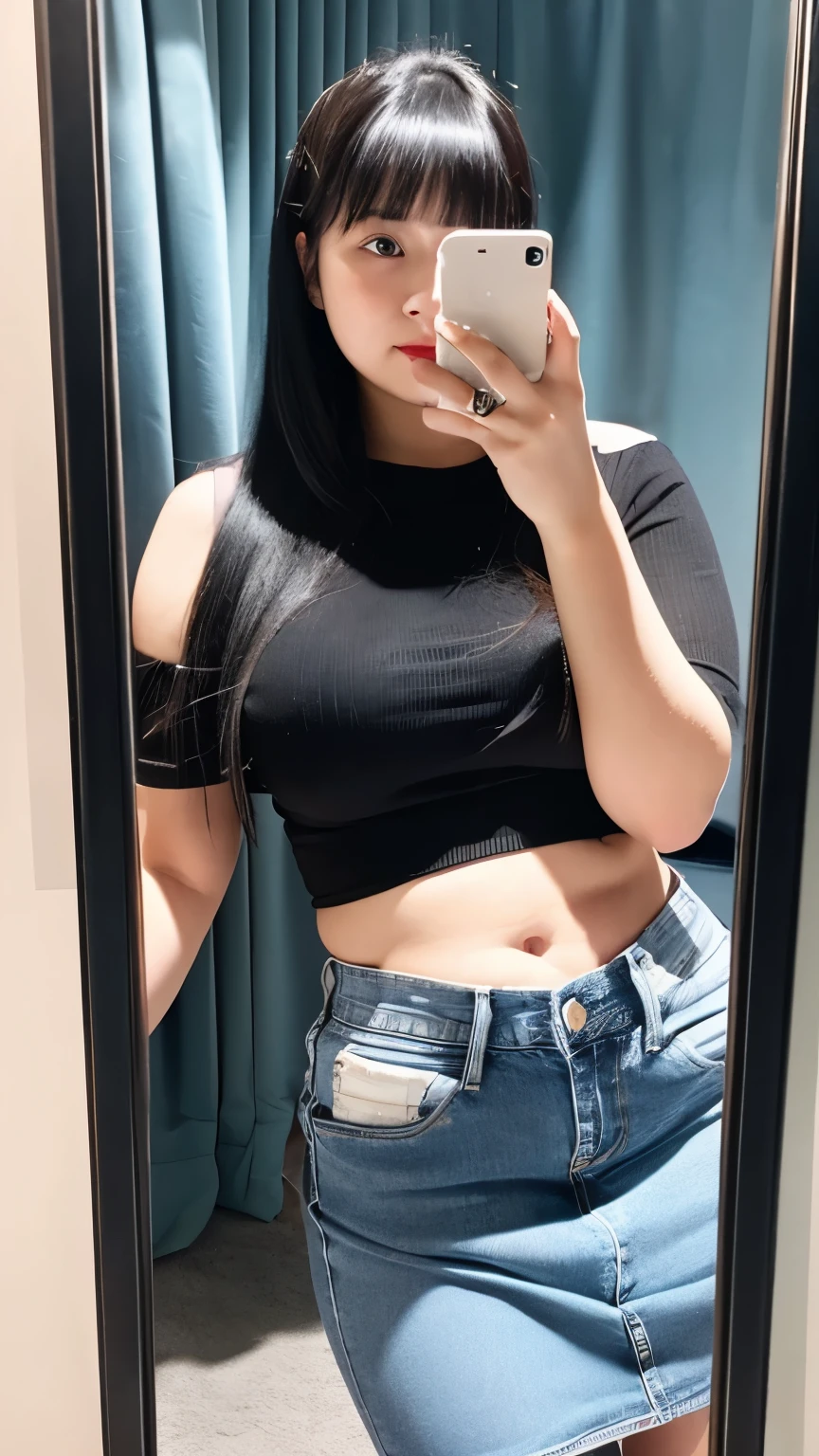 a girl who has slightly chubby body size is wearing long black shirt and Jeans skirt. Her face can be seen clearly, not cover by her phone and she is taking mirror selfie.