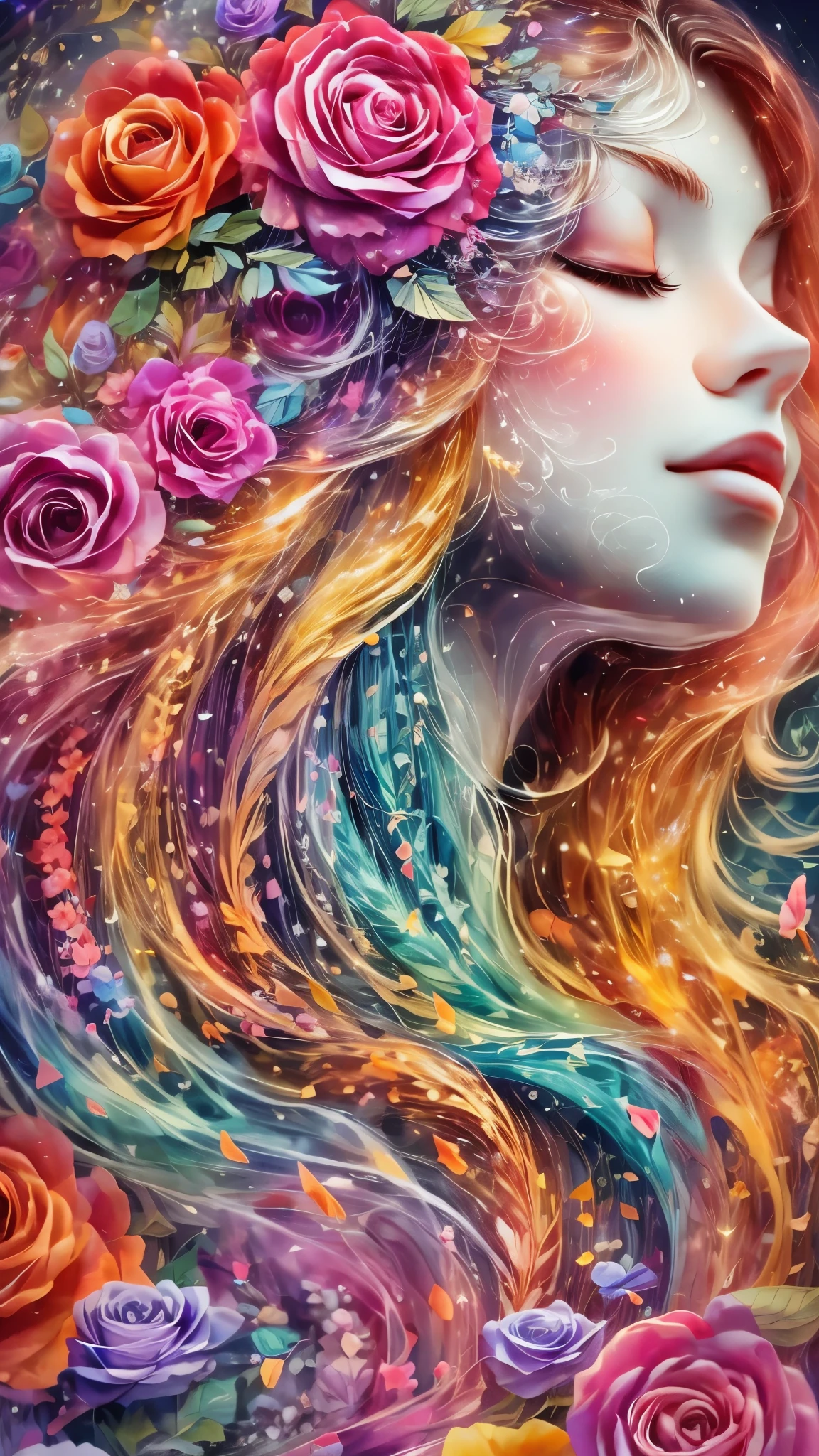 (Side face beauty,long colored hair,close eyes,masterpiece roses),Rainbow color background, (illustration:1.2,paper art:1.2, Zentangle:1.2, 3d rendering),(best quality, detailed details, masterpiece, official art, Lighting effects, 4K, chiaroscuro)