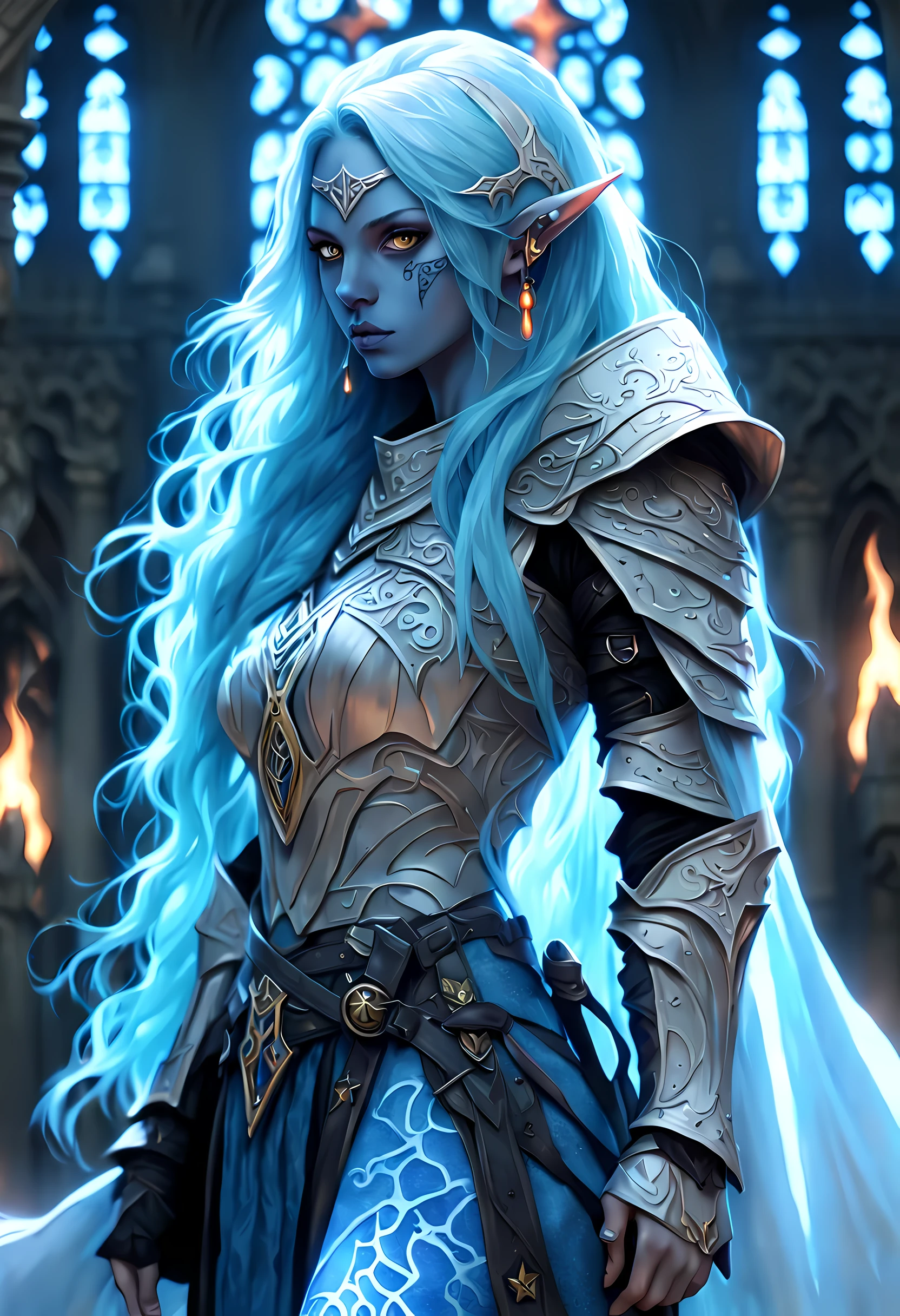 fantasy art, dnd art, RPG art, portrait, (masterpiece: 1.4) a (portrait: 1.3) intense details, highly detailed, photorealistic, best quality, highres, portrait a female (fantasy art, Masterpiece, best quality: 1.3) ((blue skin: 1.5)), intense details facial details, exquisite beauty, (fantasy art, Masterpiece, best quality) cleric, (blue: 1.3) skinned female, white hair, long hair, (hair hides ears: 1.5), (green: 1.3) eye, fantasy art, Masterpiece, best quality) armed a fiery sword red fire, wearing heavy (white: 1.3) half plate mail armor, wearing high heeled laced boots, wearing an(orange :1.3) cloak, wearing glowing holy symbol GlowingRunes_yellow, within fantasy temple background, reflection light, high details, best quality, 16k, [ultra detailed], masterpiece, best quality, (extremely detailed), close up, ultra wide shot, photorealistic, RAW, fantasy art, dnd art, fantasy art, realistic art,((best quality)), ((masterpiece)), (detailed), perfect face,