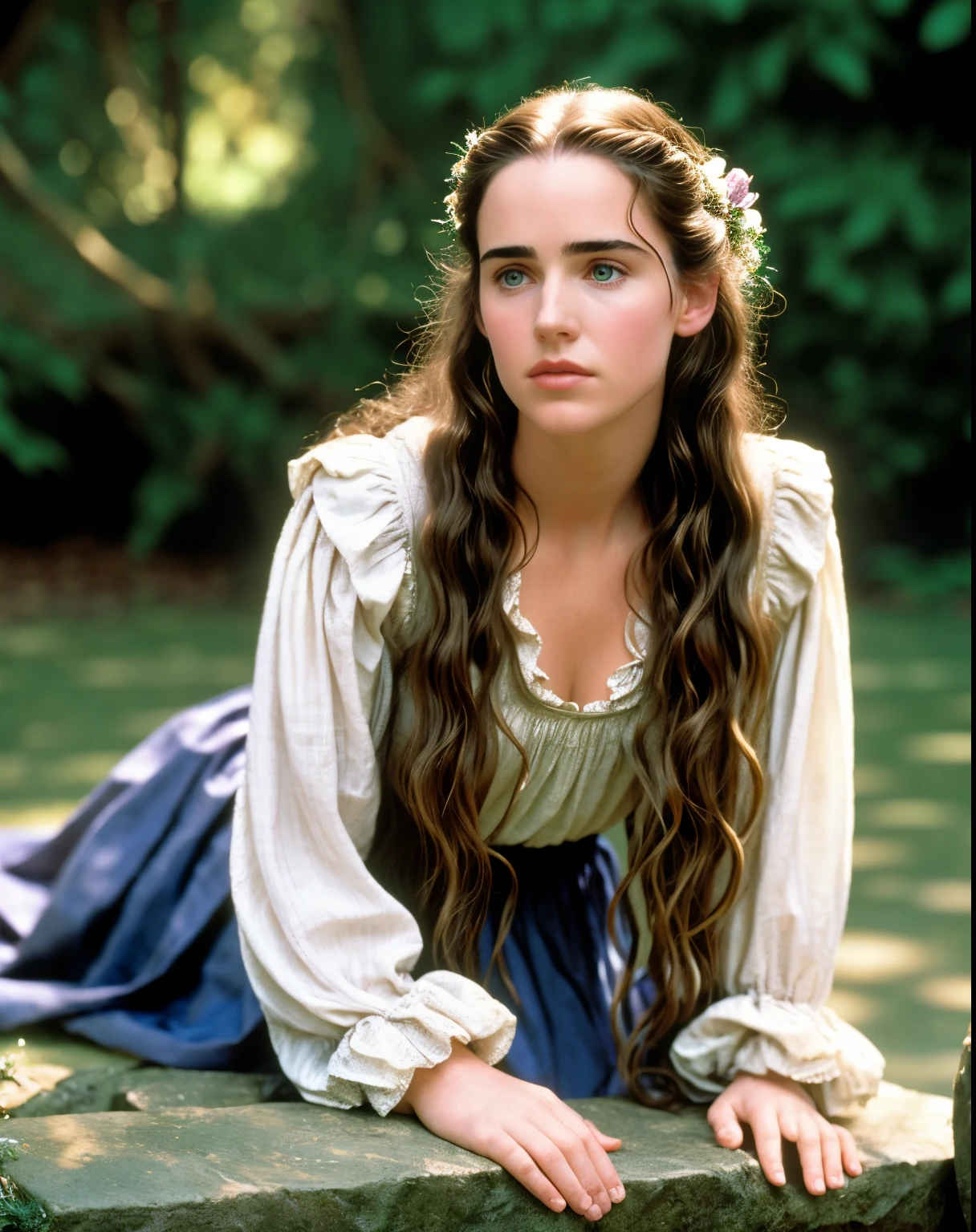19 years old Jennifer Connelly as Sarah in the movie Labyrinth,medio cuerpo, XF IQ4, 150 megapixels, 50mm, ISO 1000, 1/250s, Luz natural, Adobe Lightroom, photography laboratory, foto de afinidad, FotoDirector 365