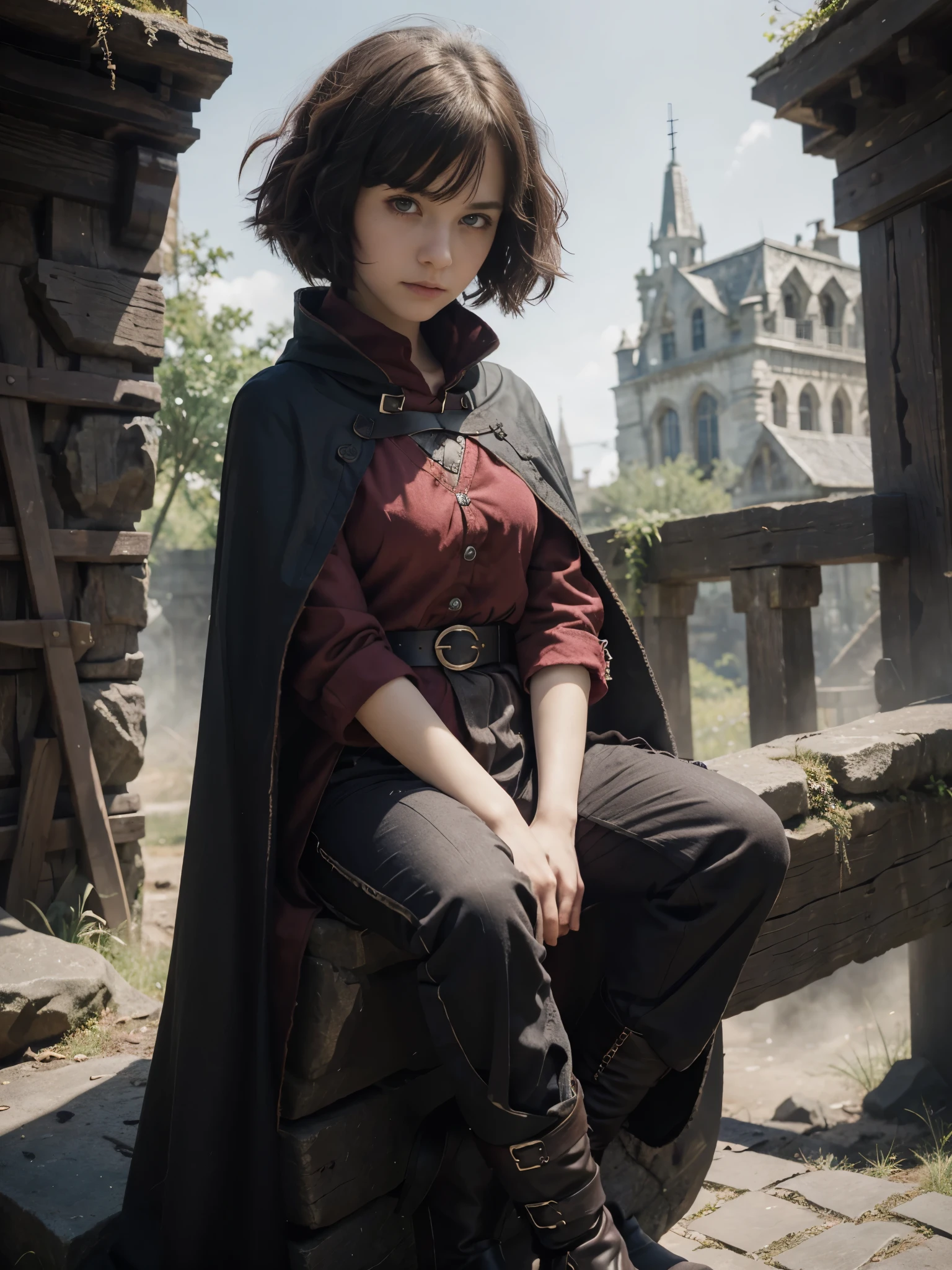 (ruby eyes), anime, solo, 1girl, red eyes, circles under eyes, unsatisfied expression, shadow on eyes,, pale skin, short brown hair, messy haircut, (fantasy medieval clothes), (gray cloak, torn cloak), long black tunic, ((belts on clothes)), oversized pants, old boots, full-body portrait, sitting on rock, many scars on body,