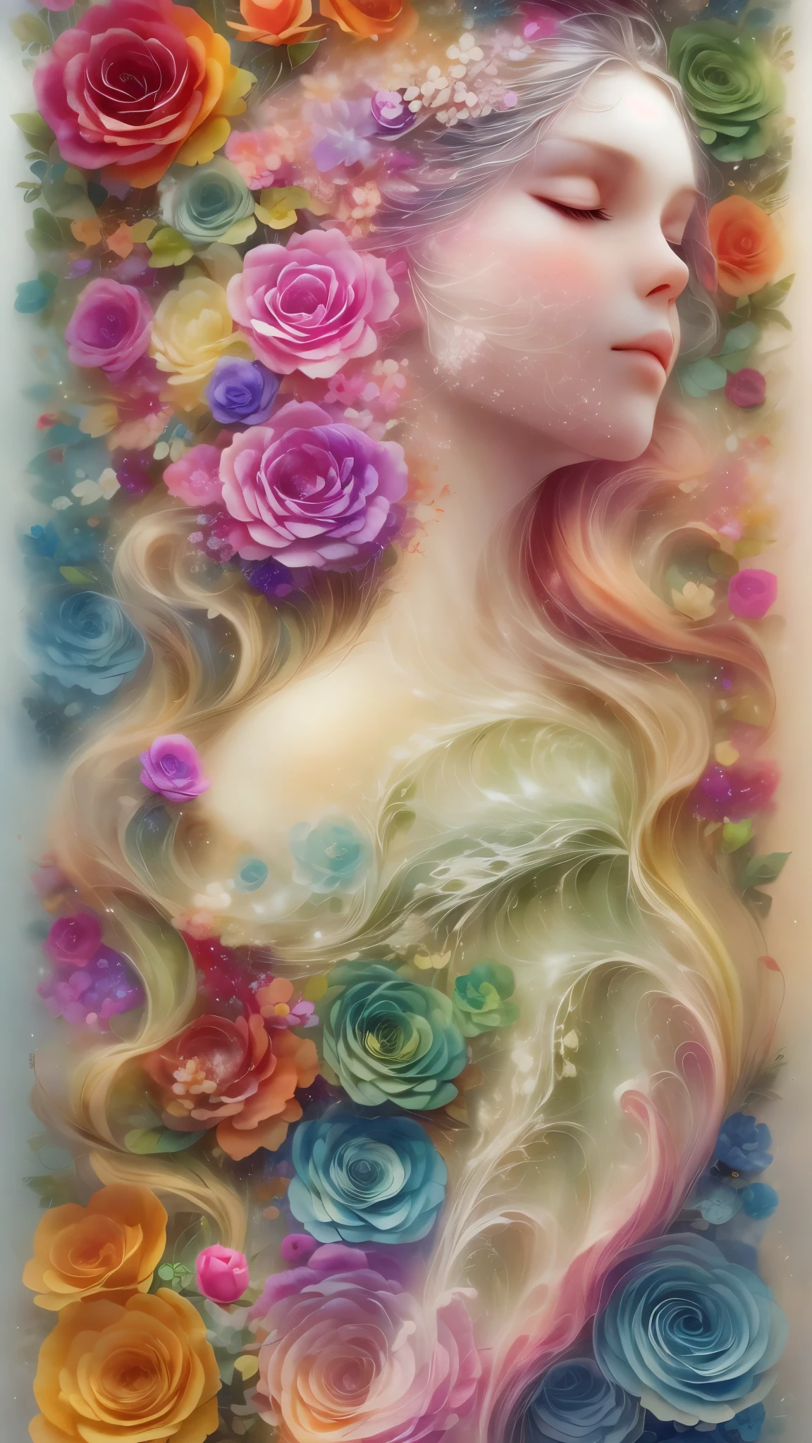 (Side face beauty,long colored hair,close eyes,masterpiece roses),Rainbow color background, (illustration:1.2,paper art:1.2, Zentangle:1.2, 3d rendering),(best quality, detailed details, masterpiece, official art, Lighting effects, 4K, chiaroscuro)