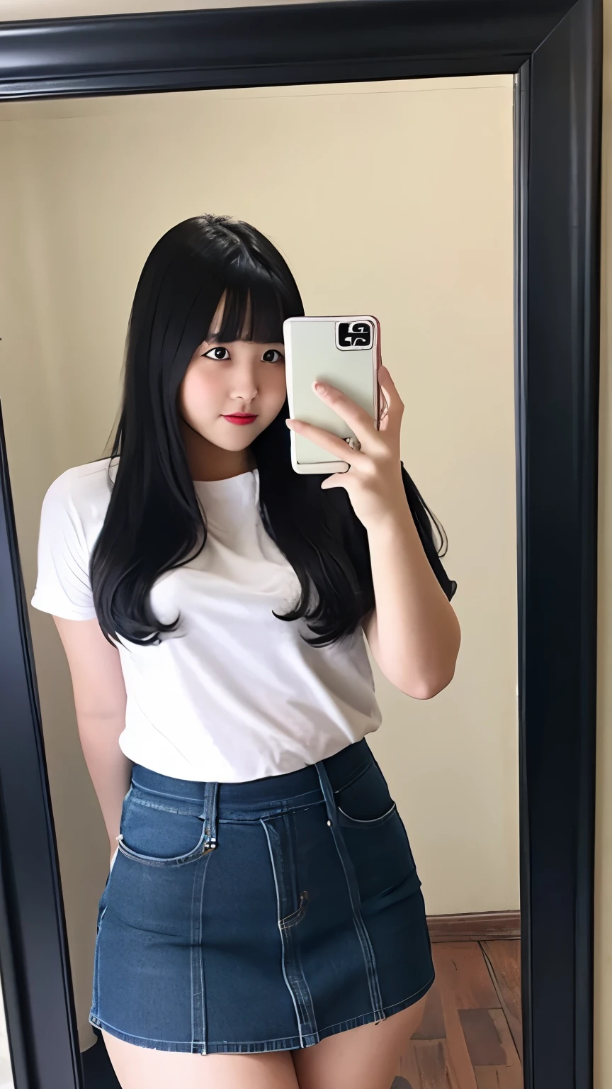 a girl who has slightly chubby body size is wearing long black shirt and Jeans skirt. Her face can be seen clearly, not cover by her phone and she is taking mirror selfie.