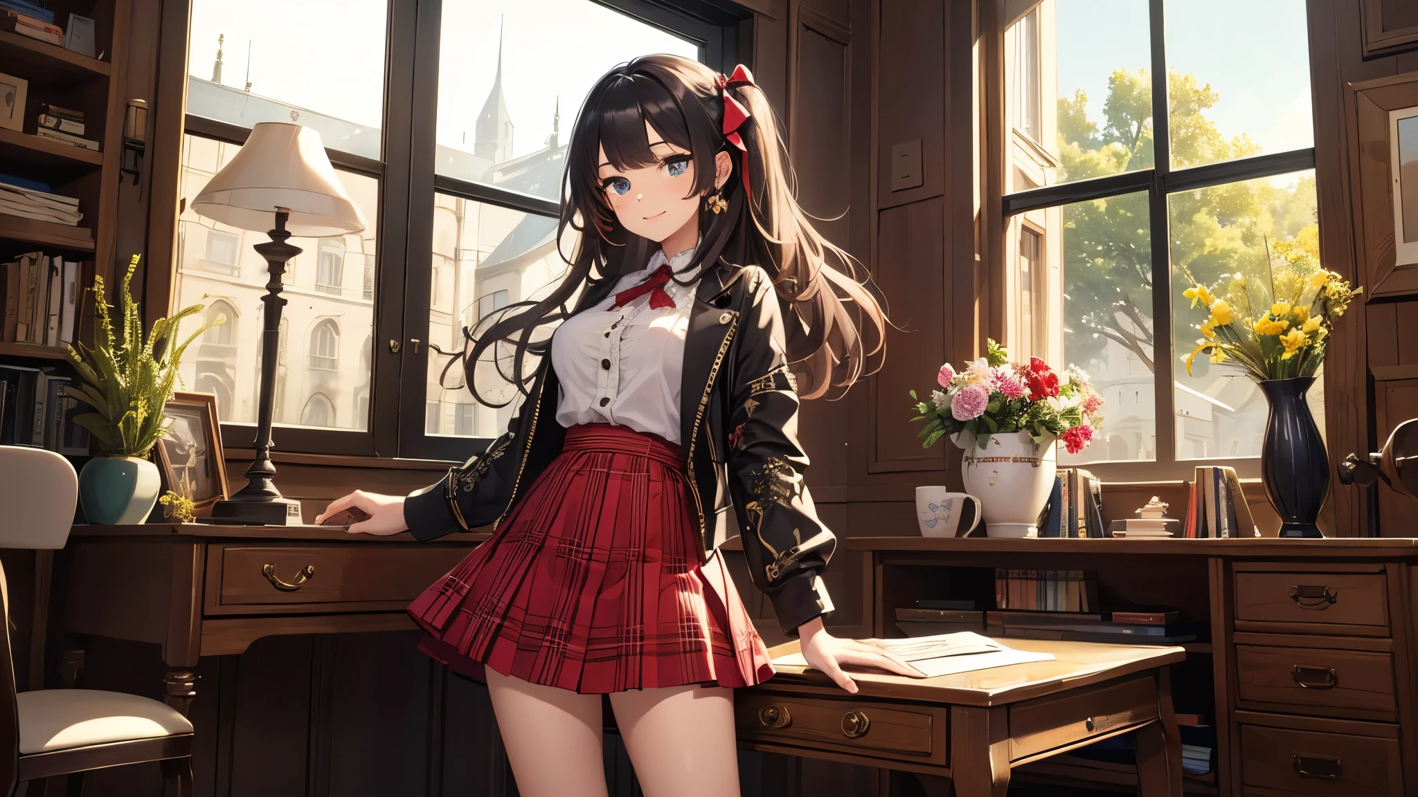 very cute and beautiful girl,(highly detailed beautiful face and eyes:1.2),(smile),(mid shot),
(white blouse with detailed frills),long sleeve BREAK detailed legs,zettai ryouiki,
standing,stylish pose,
dynamic angle,hair ribbon,black hair,hime cut,(scarlet plaid mini skirt)
 BREAK living room,flowers in vase,wooden desk,(bookshelf:0.9),jewelry box,european carpet,distant trees,
(best quality,masterpiece:1.2),(intricate details),highres,1 girl,solo,cinematic scene,hair fluttering in the wind,