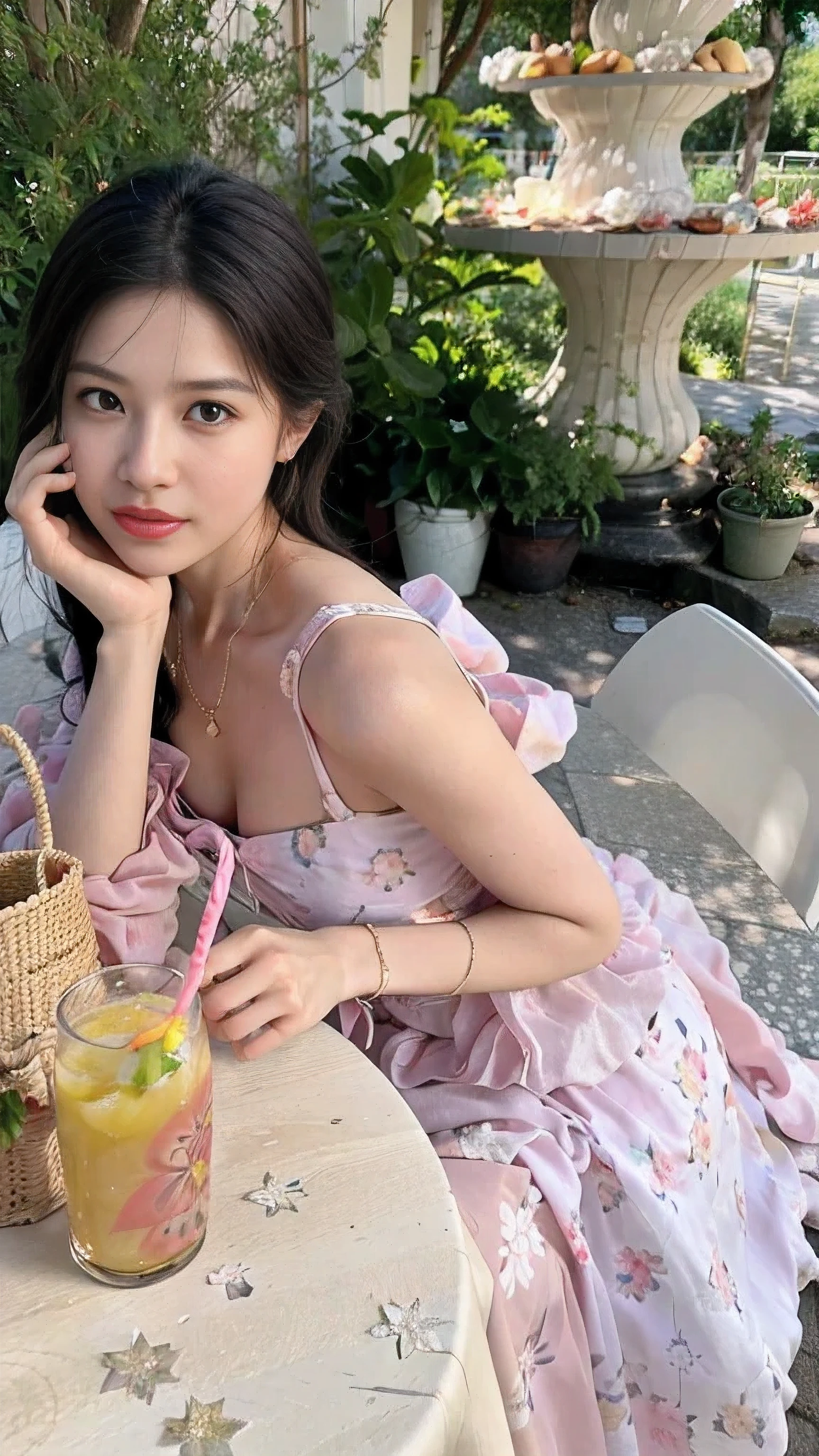 The woman is sitting at the table,Holding a basket of drinks and a basket of fruits, Wearing a pink floral dress, Samu rice paste, Cute and elegant pose, summer pink dress, Alta qualification image, Wearing a pink floral dress, beauty buried, young cute girl, romantic dress, gorgeous lady, Wearing an organza gown, gas station trends