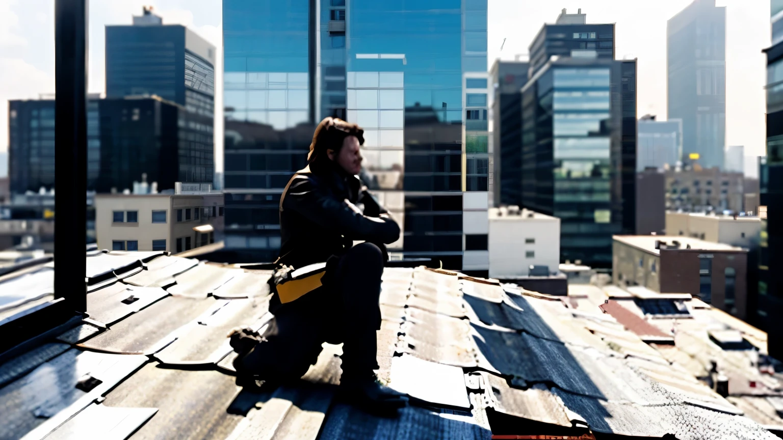 A cinematic scene of a professional assassin,Willem Dafoe‏,on the roof of a building, ready to kill John Wick, Orsis T-5000 rifle, through John Wick's vision,camera zoom out from the window of the building opposite him Realism,high resolution,4k. 