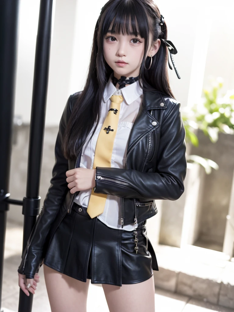 Super high quality、High definition、high contrast、Vivid colors、1 girl、、15 years oldface))、Cheeky face、(fearless smile)、realistic photo、masterpiece, highest quality, High resolution, Akyoko, long hair, purple hair, side blade, dull bangs, hair ribbon, black ribbon, high collar, ((yellow tie)), （((Black leather motorcycle jacket on bare skin))）, Open the front of the jacket,(おっぱいにtattoo), long sleeve, black leather gloves, black mini skirt, pleated skirt, ((black long boots)), full shot, danganronpa \(series\), street, full shot, looking at the viewer, slender、、Leather straps on the thighs、tattoo、earrings、