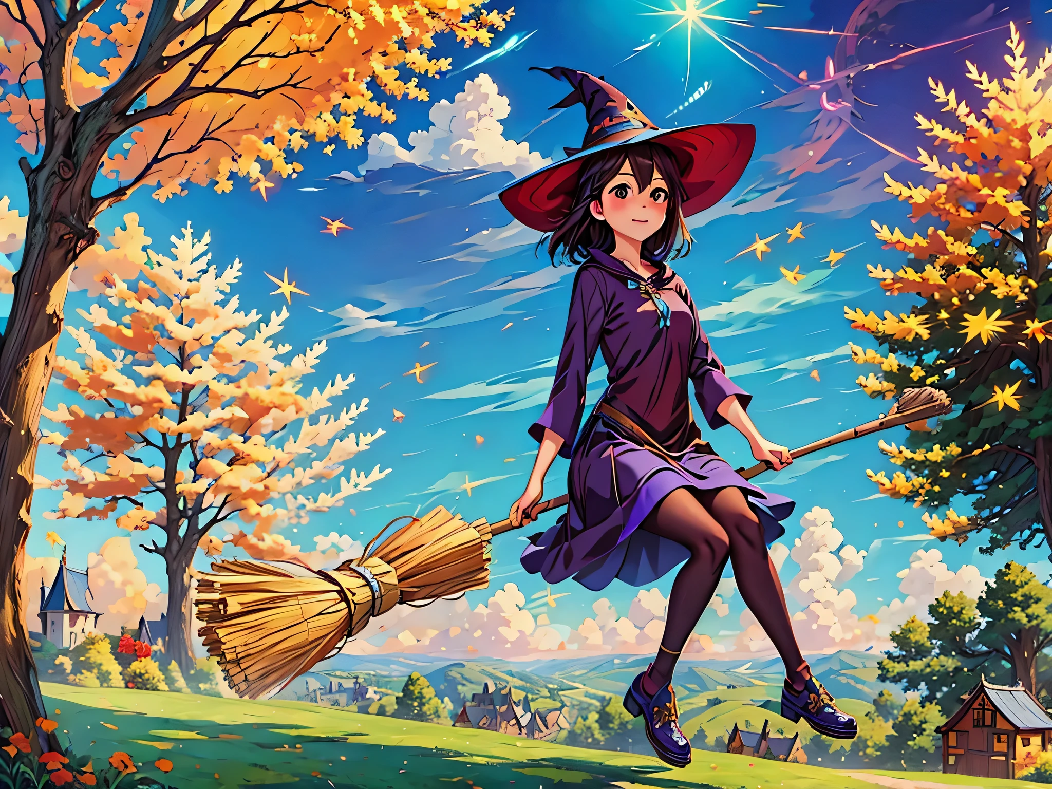 (masterpiece, highest quality:1.2), 1 girl, alone,Flying Witch,Broom ride,nice background,outdoor,magic effect,light,beautiful,shine,be familiar with,((forest))