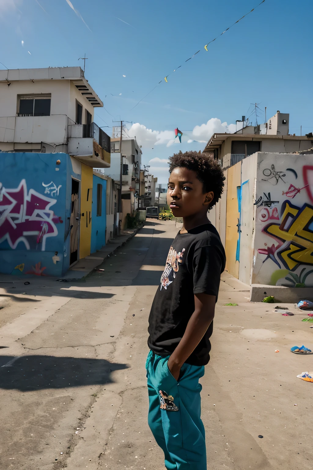 A black boy from the outskirts looking at the sky flying a kite, sunny open sky, com uma favela ao fundo, colorida, graffiti style street art ra resolution 2:1