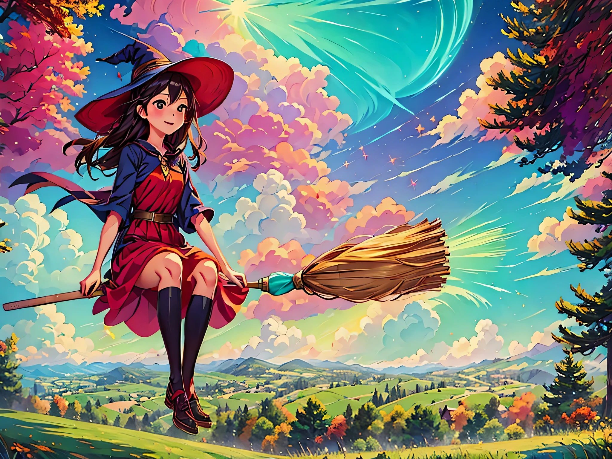 (masterpiece, highest quality:1.2), 1 girl, alone,Flying Witch,Broom ride,nice background,outdoor,magic effect,light,beautiful,shine,be familiar with,aurora